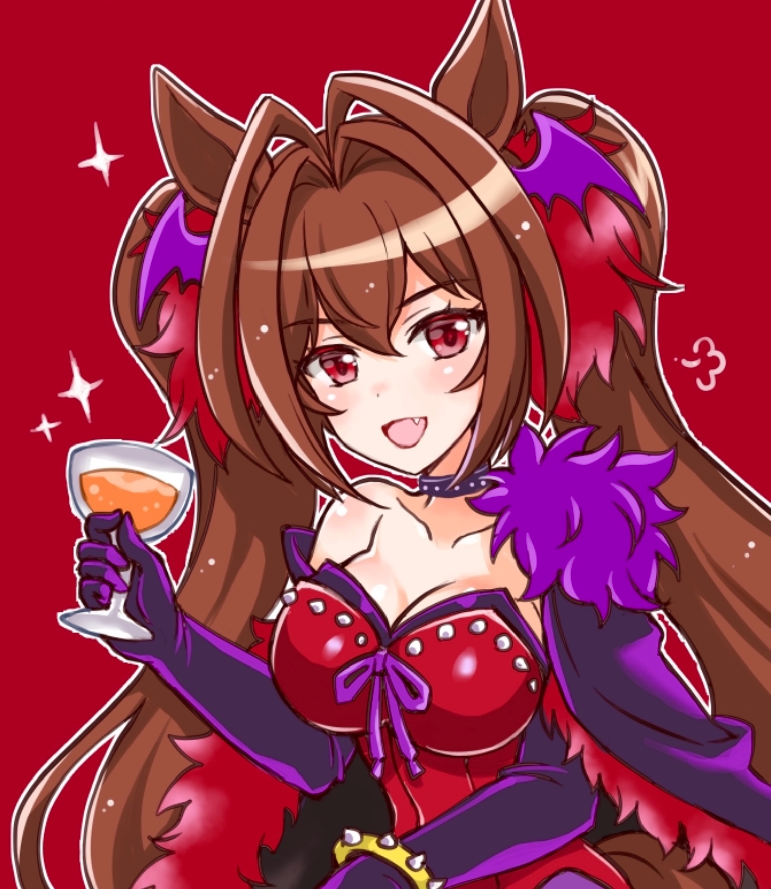 kuromori yako, daiwa scarlet (umamusume), umamusume, highres, 1girl, alternate costume, animal ears, bare shoulders, bat wings, blush, bracelet, breasts, brown hair, cape, choker, cleavage, collarbone, cup, dress, elbow gloves, fang, fur trim, gloves, hair between eyes, hair intakes, hair ornament, halloween costume, head wings, holding, holding cup, horse ears, horse girl, horse tail, jewelry, large breasts, long hair, looking at viewer, open mouth, purple cape, purple choker, purple gloves, purple wings, red dress, red eyes, smile, solo, star (symbol), tail, twintails, very long hair, wings