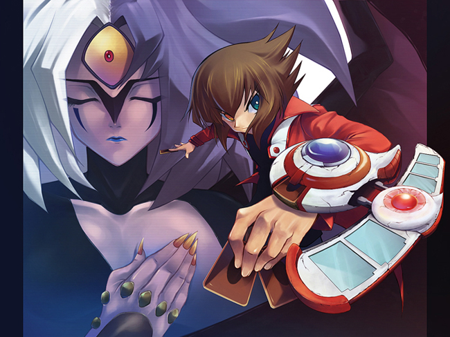 lazward, yubel, yuki judai, yu-gi-oh!, yu-gi-oh! gx, 1boy, 1girl, brown hair, card, duel academy uniform (yu-gi-oh! gx), duel disk, duel monster, gradient background, holding, holding card, multicolored hair, osiris red uniform, pile of cards, school uniform, split-color hair, yu-gi-oh (card)