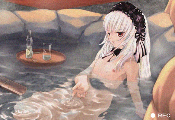suigintou, rozen maiden, silver hair, alcohol, doll, doll joints, nipples, nude, red eyes, sake, water