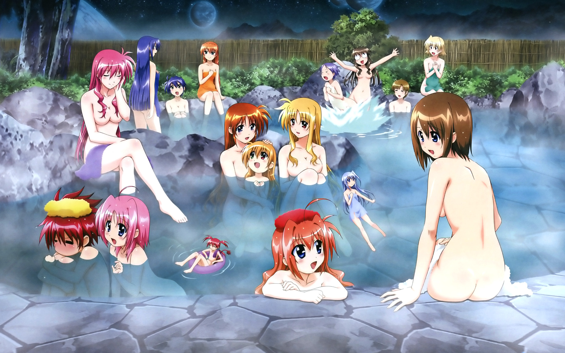 okuda yasuhiro, agito, agito (nanoha), alto krauetta, caro ru lushe, erio mondial, fate testarossa, ginga nakajima, lucino liilie, reinforce zwei, shamal, shario finieno, signum, subaru nakajima, takamachi nanoha, teana lanster, vita (nanoha), vivio, yagami hayate, lyrical nanoha, mahou shoujo lyrical nanoha, mahou shoujo lyrical nanoha strikers, cropped, highres, official art, official wallpaper, 00s, 1boy, 6+girls, ass, blonde hair, blue hair, breasts, brown hair, butt crack, covering privates, everyone, flat chest, hair down, innertube, large breasts, long hair, medium breasts, mixed-sex bathing, multiple girls, multiple moons, naked towel, nude, nude cover, onsen, orange hair, pink hair, purple hair, red hair, shared bathing, short hair, siblings, sisters, small breasts, swim ring, towel, towel on head, very long hair