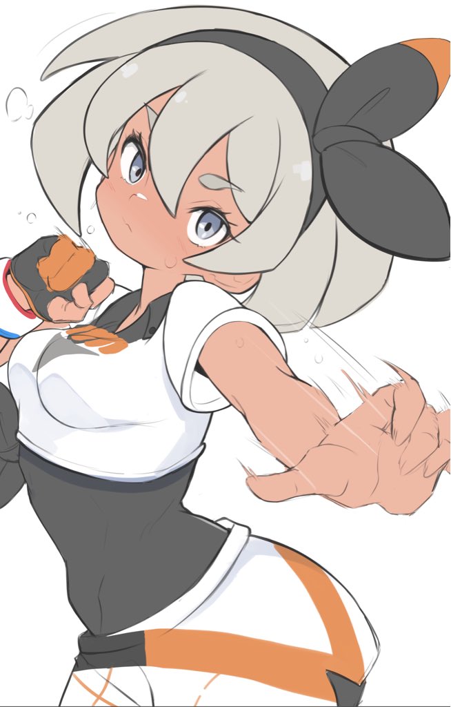 jellcaps, bea (pokemon), nintendo, pokemon, pokemon swsh, 1girl, black bodysuit, black hairband, blush, bodysuit, bodysuit under clothes, bow hairband, breasts, closed mouth, dark-skinned female, dark skin, gloves, grey eyes, grey hair, hair between eyes, hairband, looking at viewer, medium breasts, print shirt, print shorts, shirt, short hair, short sleeves, shorts, side slit, side slit shorts, simple background, single glove, solo, white background