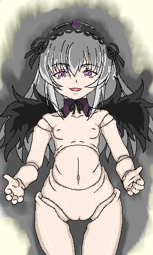 suigintou, rozen maiden, silver hair, lowres, 00s, doll, doll joints, joints, nude, purple eyes, pussy, wings