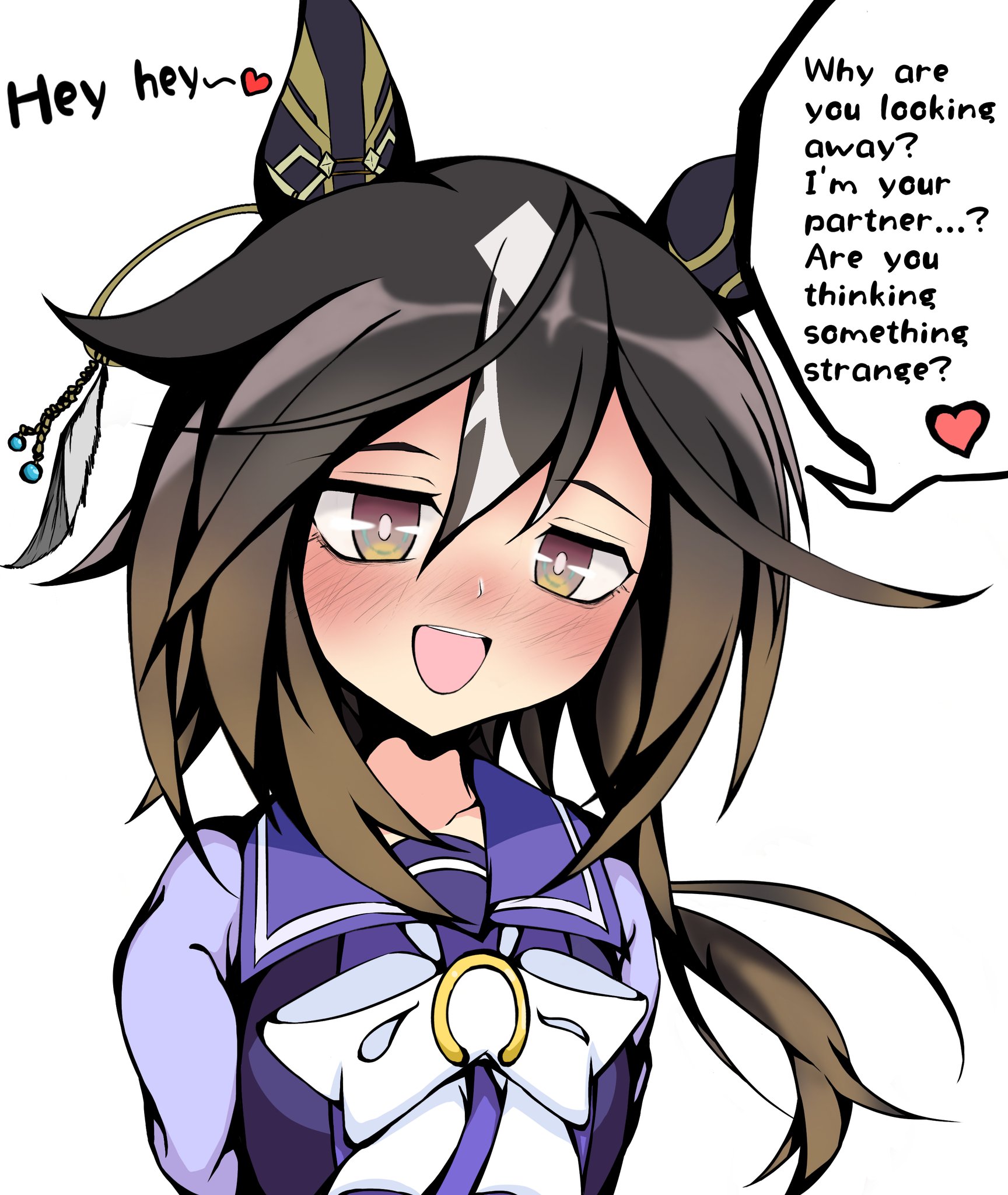 132109chisato, stay gold (umamusume), umamusume, highres, 1girl, animal ears, black hair, blush, bow, bowtie, breasts, brown eyes, brown hair, collarbone, ear covers, ear ornament, english text, hair between eyes, heart, horse ears, horse girl, long hair, long sleeves, looking at viewer, multicolored hair, open mouth, purple sailor collar, purple shirt, sailor collar, sailor shirt, school uniform, shirt, simple background, smile, solo, speech bubble, streaked hair, teeth, tracen school uniform, upper body, upper teeth only, white background, white bow, white bowtie, white hair
