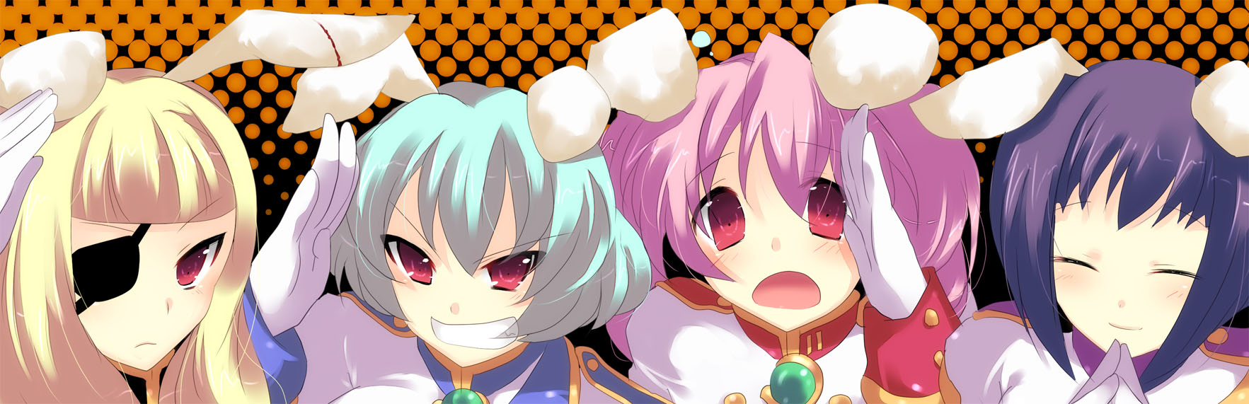 kurohara yuu, chiester00, chiester410, chiester45, chiester556, chiester sisters, umineko no naku koro ni, highres, long image, wide image, 00s, animal ears, blonde hair, blue hair, eyepatch, pink hair, purple hair, rabbit ears, red eyes