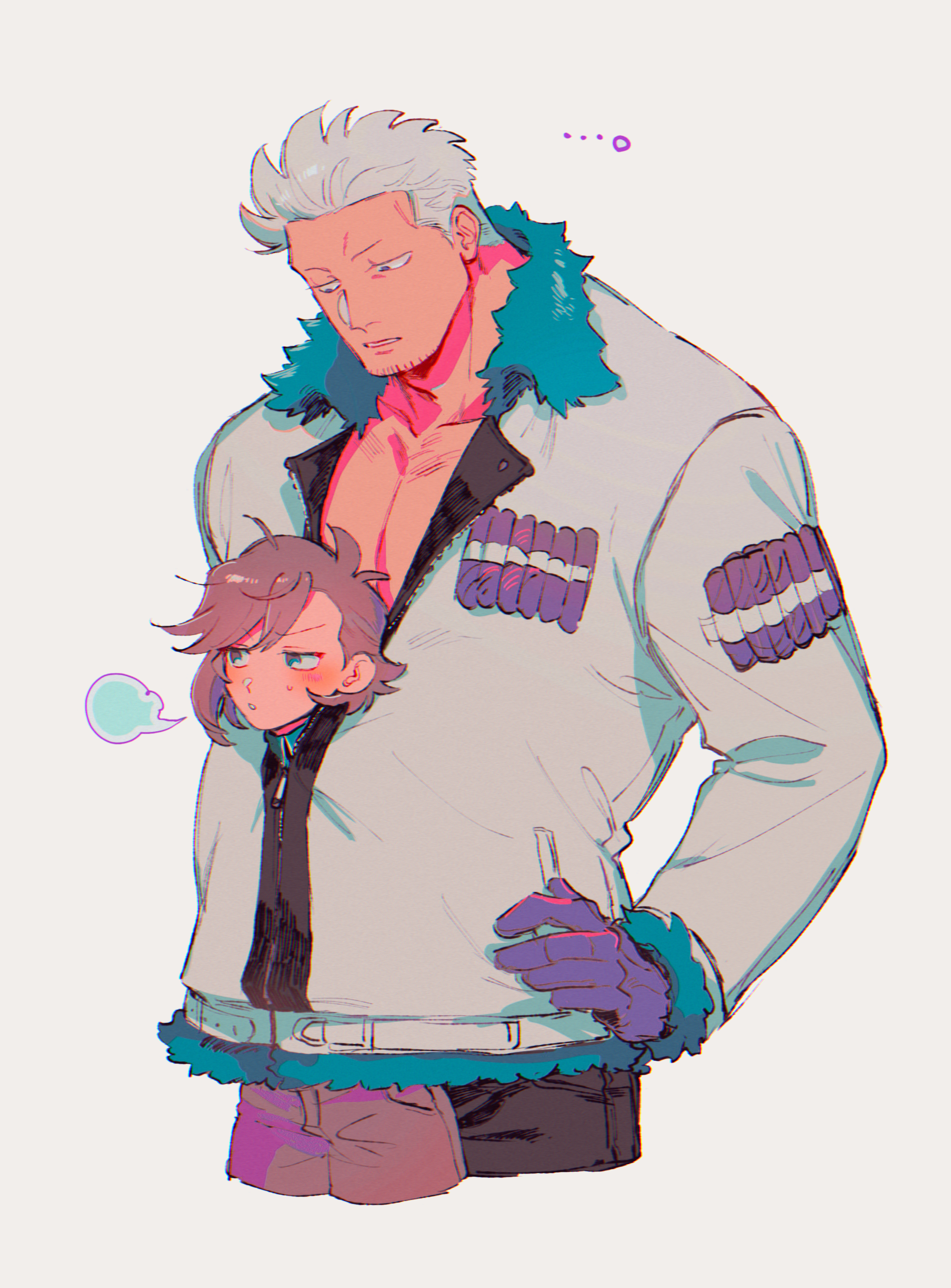 kabane (rjev8385), smoker (one piece), one piece, original, absurdres, commentary request, highres, …, 1boy, 1girl, antenna hair, black pants, blush, brown pants, cigar, couple, cropped legs, embarrassed, fur-trimmed jacket, fur trim, gloves, grey eyes, hand on own hip, height difference, hetero, jacket, long sleeves, looking at another, looking down, no shirt, oc x canon, pants, parted bangs, partially unzipped, puff of air, purple gloves, shared clothes, shared jacket, short hair, simple background, small sweatdrop, swept bangs, white background, white hair, white jacket, zipper, zipper pull tab
