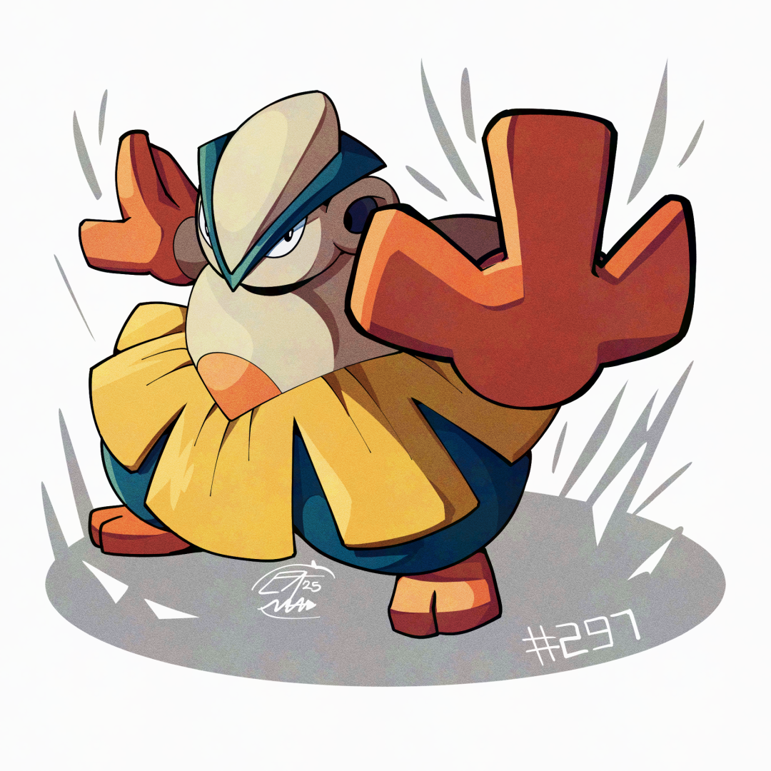 mistray-art, hariyama, nintendo, pokemon, gen 3 pokemon, looking at viewer, no humans, numbered, pokemon (creature), signature, simple background, solo, white background