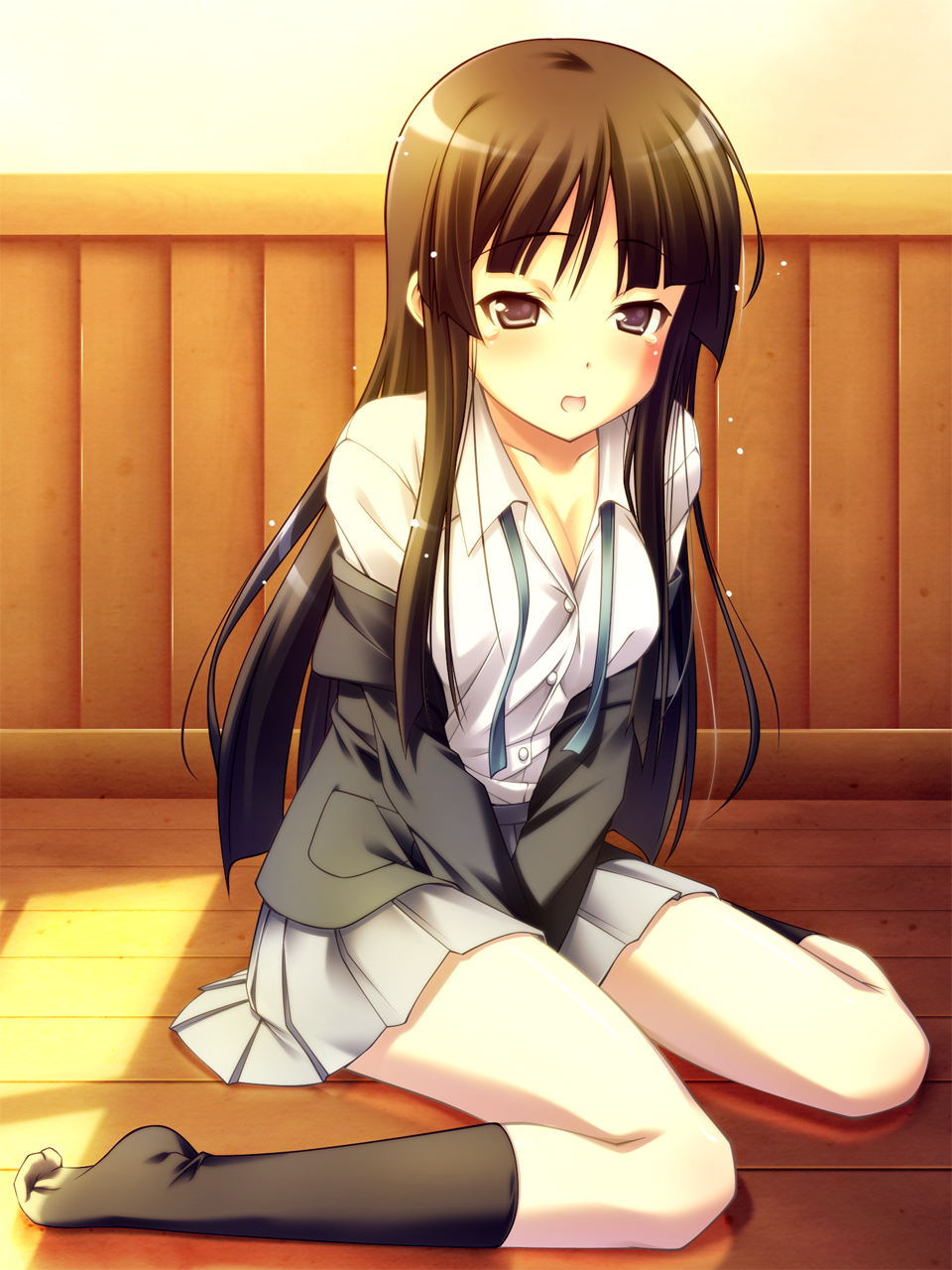 natsukon, akiyama mio, k-on!, highres, 00s, 1girl, breasts, cleavage, female focus, kneehighs, long hair, school uniform, sitting, socks, solo, tears