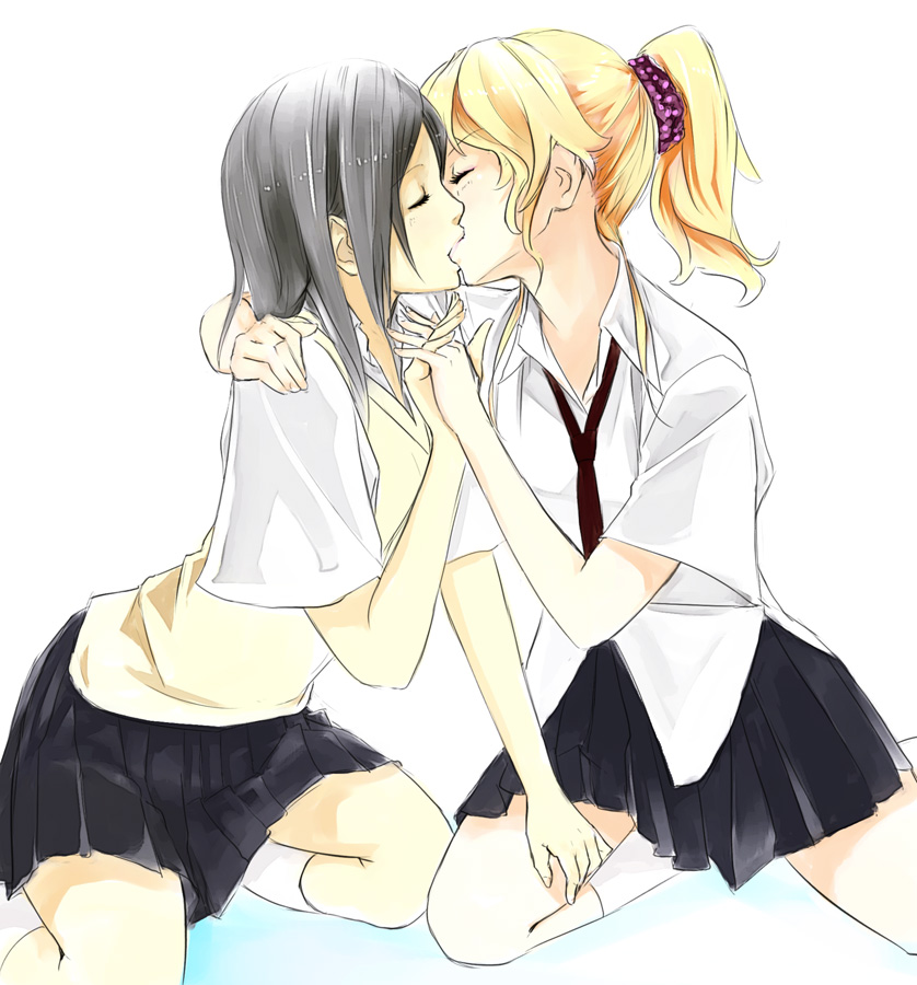 yui 7, original, hand on shoulder, hand on thigh, 2girls, black hair, blonde hair, blush, closed eyes, couple, hand on another's thigh, holding hands, hug, kiss, kneeling, leg grab, multiple girls, necktie, ponytail, school uniform, short hair, simple background, sitting, skirt, sweater vest, yuri