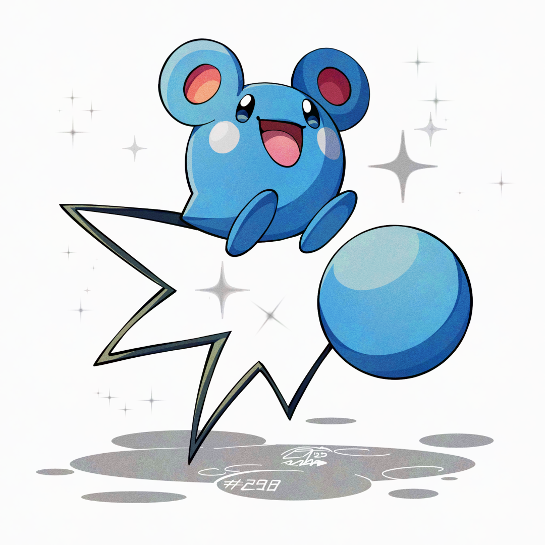 mistray-art, azurill, nintendo, pokemon, blue skin, colored skin, gen 3 pokemon, looking at viewer, no humans, numbered, open mouth, pokemon (creature), signature, simple background, solo, sparkle, tail, white background