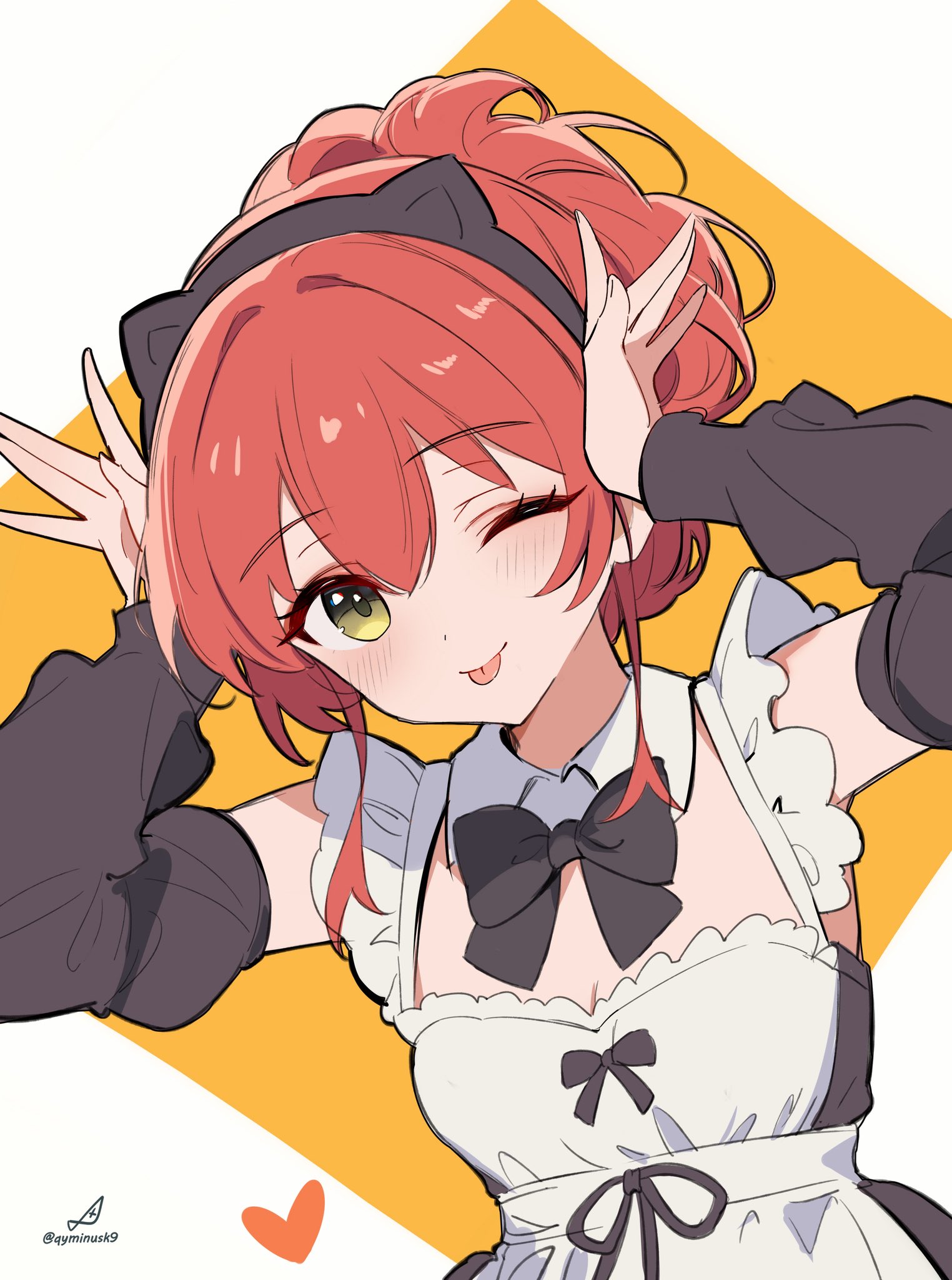 minusk9, kita ikuyo, bocchi the rock!, highres, 1girl, alternate costume, animal ear hairband, animal ears, arms up, artist logo, artist name, black bow, black bowtie, black sleeves, bow, bowtie, breasts, cat ear hairband, cat ears, detached sleeves, fake animal ears, green eyes, hair between eyes, hairband, heart, logo, looking at viewer, one eye closed, red hair, sidelocks, small breasts, smile, solo, tongue, tongue out