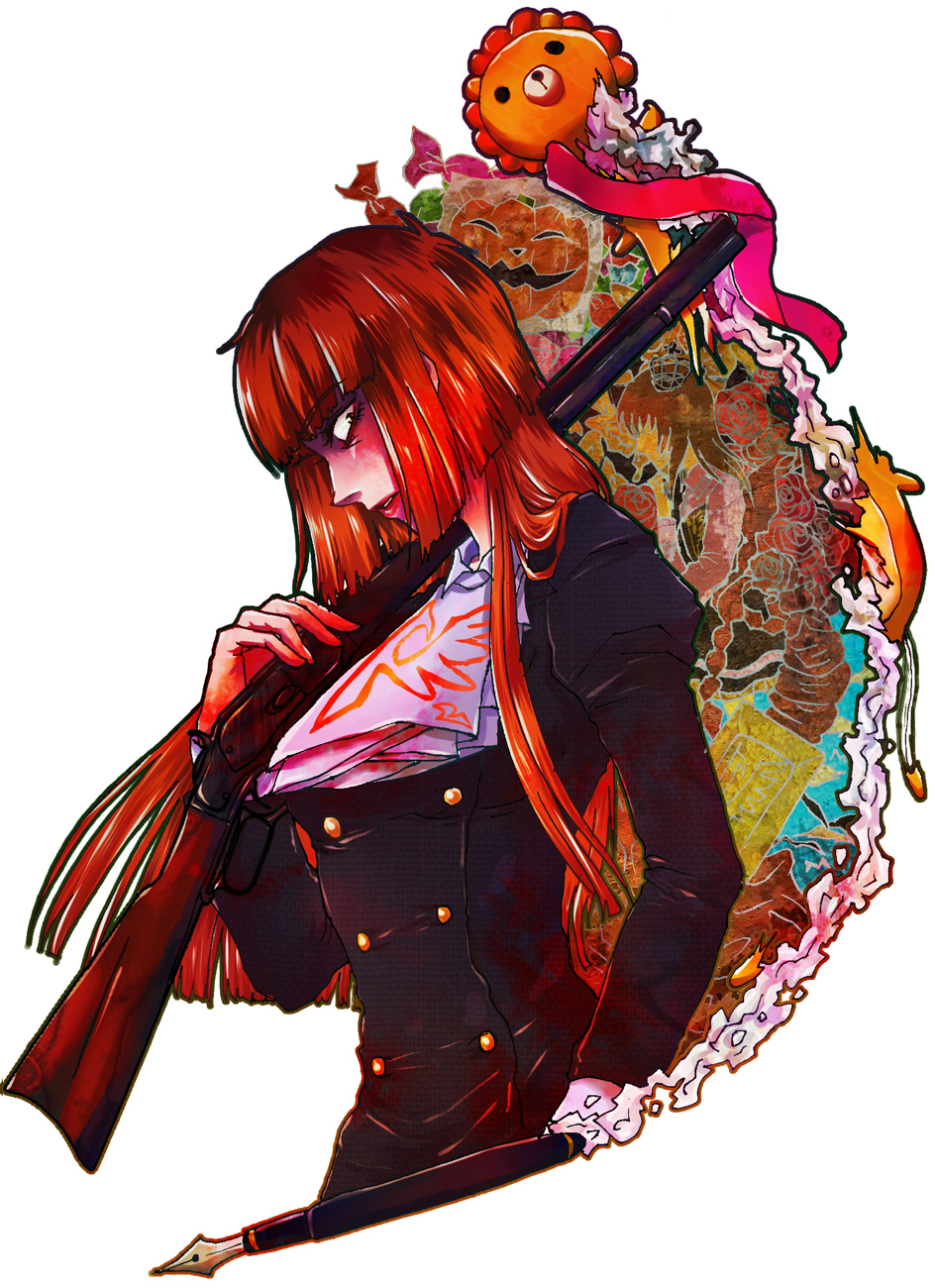 zonsters, sakutarou (umineko), ushiromiya rosa, umineko no naku koro ni, highres, spoilers, 00s, blonde hair, blunt bangs, gun, hime cut, long hair, pen, rifle, scarf, solo, weapon