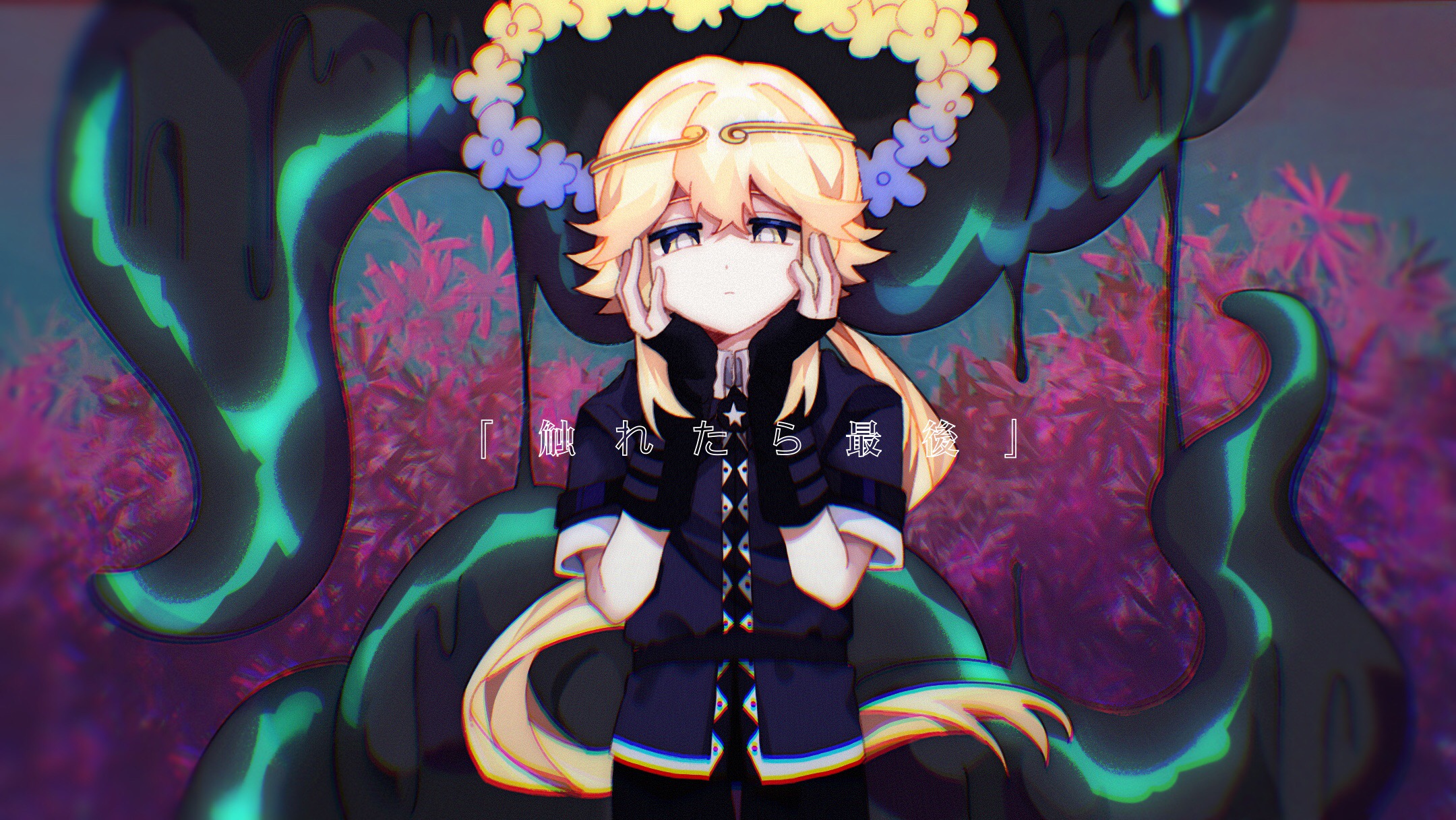 laylayhappy, sans (undertale), undertale, utdr (toby fox), chinese commentary, commentary request, highres, translation request, 1boy, alternate universe, belt, black belt, black gloves, black jacket, black pants, blonde hair, blue background, blue flower, bright pupils, chinese text, chromatic aberration, closed mouth, cowboy shot, double-parted bangs, dreamtale, elbow gloves, field, film grain, fingerless gloves, floral background, flower, flower field, flower wreath, gloves, hair between eyes, hair flaps, hands on own cheeks, hands on own face, hands up, head wreath, humanization, jacket, long hair, looking at viewer, low ponytail, male focus, open clothes, open jacket, pants, pink flower, ponytail, short-sleeved jacket, short sleeves, sidelocks, simple background, solo, standing, straight-on, tentacles, very long hair, white pupils, yellow eyes, yellow flower