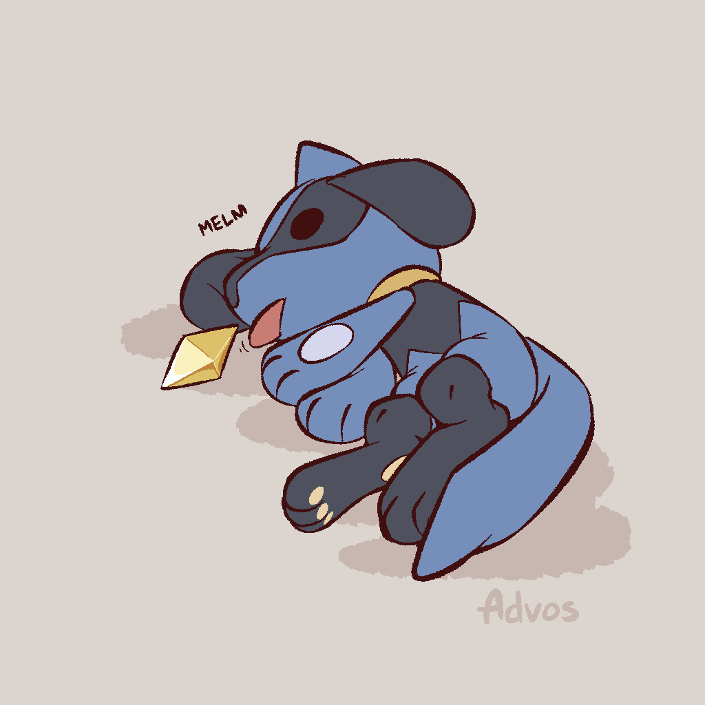 advos, riolu, nintendo, pokemon, artist name, black fur, blue fur, chibi, gen 4 pokemon, lying, no humans, pokemon (creature), simple background, solo, tail, two-tone fur