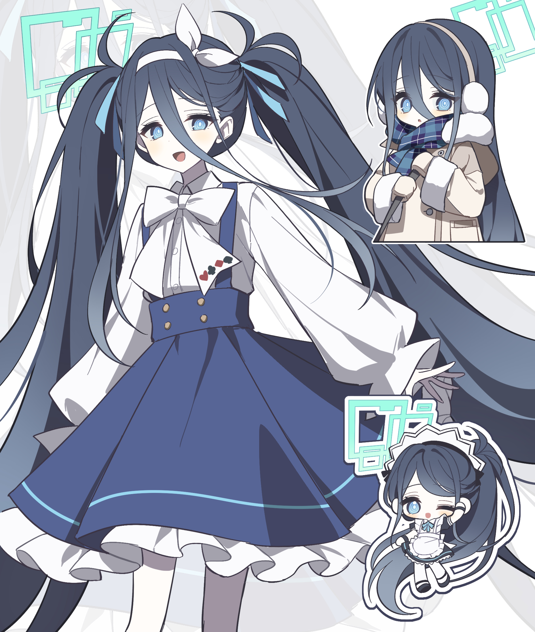 mulook, aris (blue archive), aris (maid) (blue archive), aris (winter) (blue archive), blue archive, commentary, highres, 1girl, :d, ;d, absurdly long hair, apron, aqua eyes, aqua halo, black dress, black hair, black shoes, black wrist cuffs, blue scarf, blue skirt, bow, bowtie, bright pupils, brown coat, buttons, chibi, chibi inset, club (shape), coat, collared shirt, cropped torso, diamond (shape), double-breasted, double-parted bangs, dress, earmuffs, feet out of frame, frilled apron, frilled skirt, frills, fur-trimmed coat, fur-trimmed sleeves, fur trim, hair between eyes, hair bow, hairband, halo, heart, high-waist skirt, holding strap, hood, hood down, hooded coat, long bangs, long hair, long hair between eyes, long sidelocks, long sleeves, looking at viewer, maid, maid apron, maid headdress, multicolored scarf, multiple views, official alternate costume, official alternate hairstyle, one eye closed, open mouth, outline, pantyhose, parted bangs, parted lips, plaid clothes, plaid scarf, pocket, ponytail, puffy long sleeves, puffy short sleeves, puffy sleeves, purple scarf, rectangular halo, ringed eyes, scarf, shirt, shirt tucked in, shoes, short sleeves, sidelocks, skirt, smile, spade (shape), suspender skirt, suspenders, twintails, very long hair, white apron, white background, white bow, white bowtie, white hairband, white outline, white pantyhose, white pupils, white shirt, winter clothes, winter coat, wrist cuffs, zoom layer