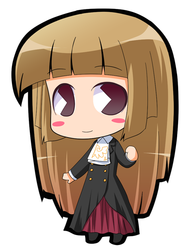 suntail, ushiromiya rosa, umineko no naku koro ni, lowres, 00s, blonde hair, blunt bangs, brown hair, chibi, dress, hime cut, pac-man eyes, solo