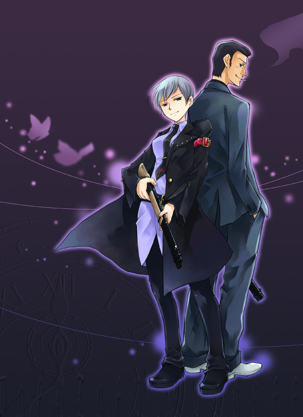 azuma shouko, ushiromiya kyrie, ushiromiya rudolf, umineko no naku koro ni, silver hair, 00s, bug, butterfly, cigarette, gun, insect, necktie, smoking, weapon