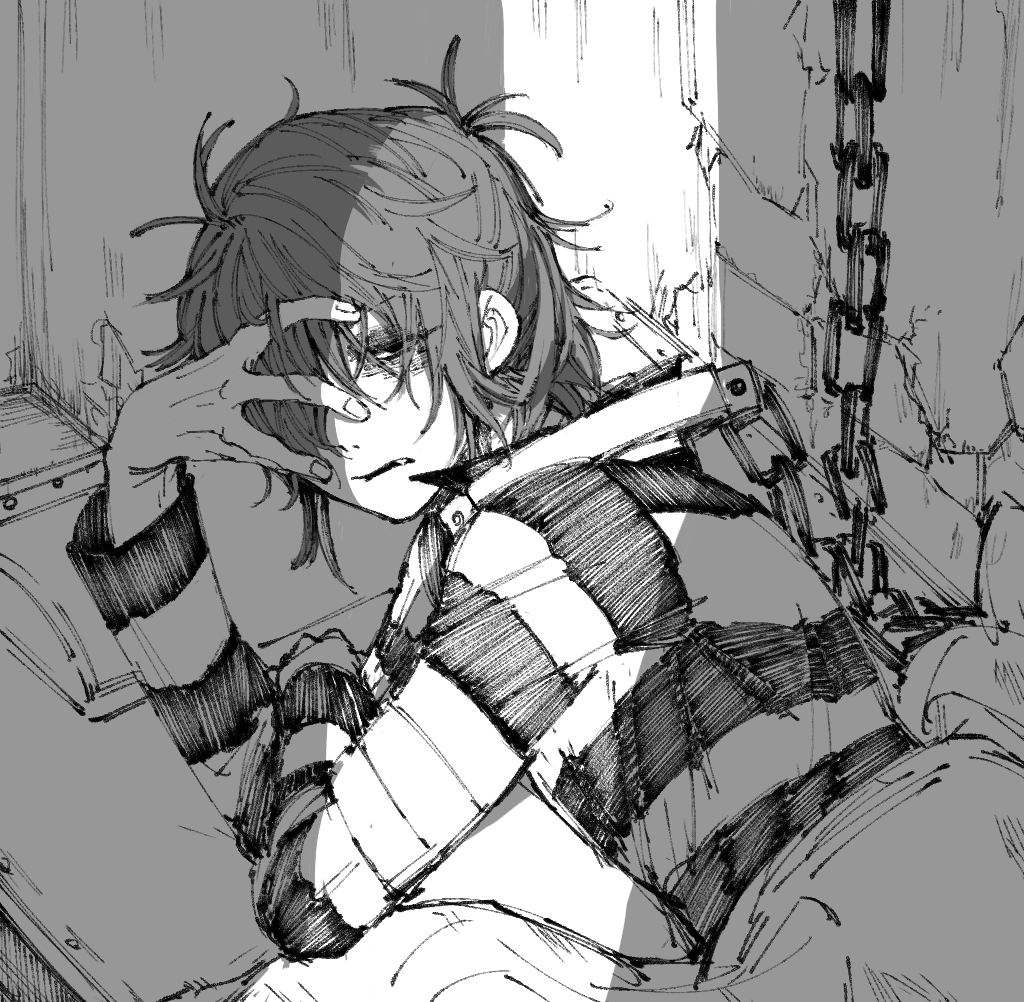 bububuki, luca balsa, identity v, 1boy, bruise, bruised eye, chain, collar, crack of light, empty eyes, fang, frown, greyscale, hair over one eye, half-closed eyes, hand on own face, injury, looking at viewer, lying, male focus, messy hair, metal collar, monochrome, on bed, prison cell, prison clothes, shirt, striped clothes, striped shirt, upper body
