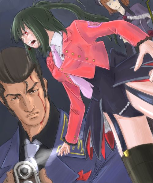 ezu, belphegor (umineko), eva beatrice, stakes of purgatory, ushiromiya rudolf, umineko no naku koro ni, spoilers, 00s, 1boy, 2girls, black hair, blood, gun, injury, leotard, multiple girls, necktie, pink necktie, red eyes, thighhighs, weapon