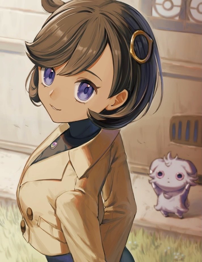 mint pk, emma (pokemon), espurr, nintendo, pokemon, pokemon legends: z-a, 1girl, black bodysuit, black hair, bodysuit, brown jacket, dark-skinned female, dark skin, gen 6 pokemon, grass, grey fur, jacket, looking at viewer, pokemon (creature), purple eyes, short hair