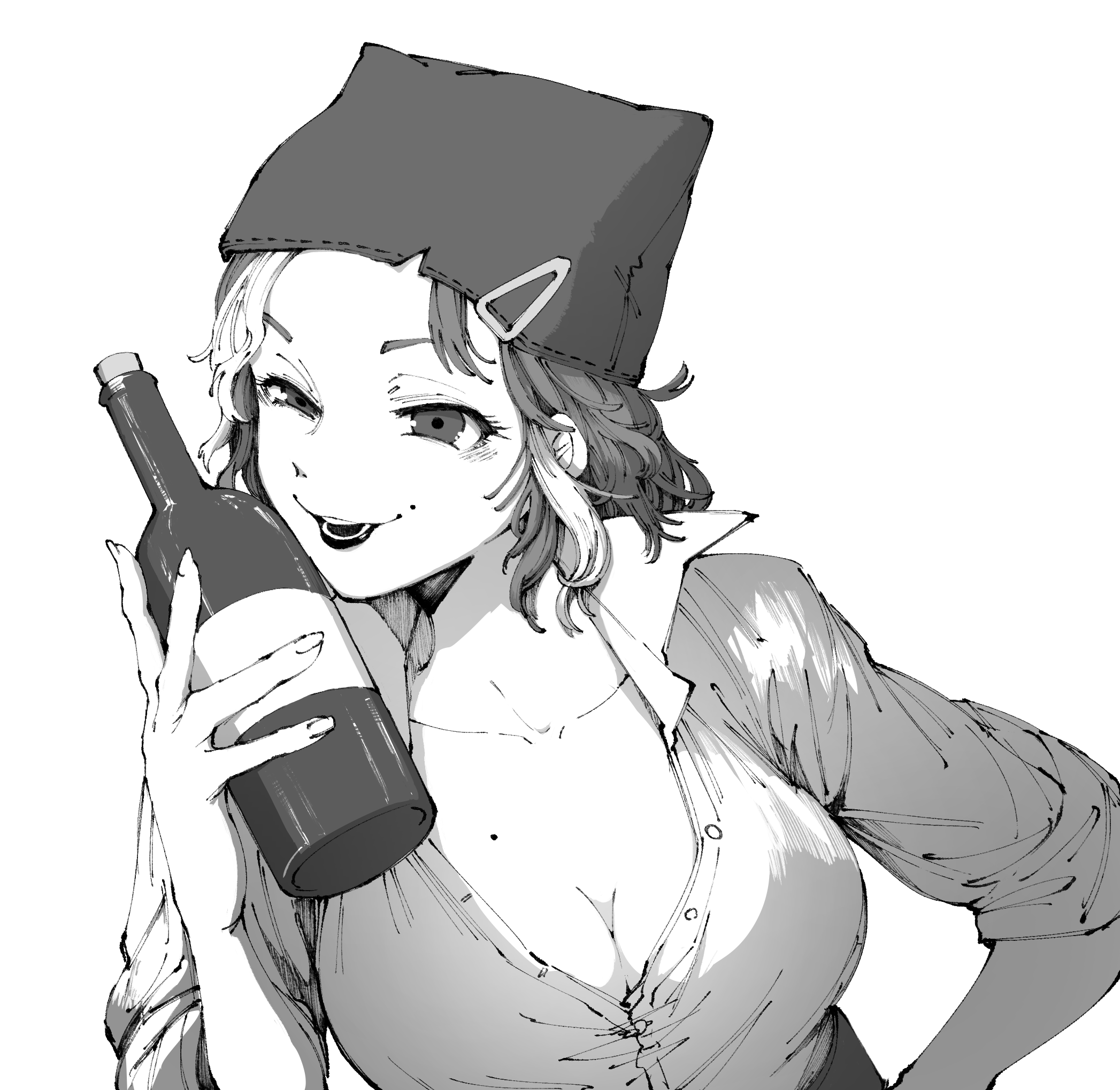 bububuki, demi bourbon, identity v, commentary request, highres, 1girl, beanie, bottle, breasts, cleavage, half-closed eye, hat, holding, holding bottle, lipstick, looking at viewer, makeup, medium hair, mole, mole on cheek, mole on chest, multicolored hair, partially unbuttoned, popped collar, shirt, smile, two-tone hair, upper body, white background