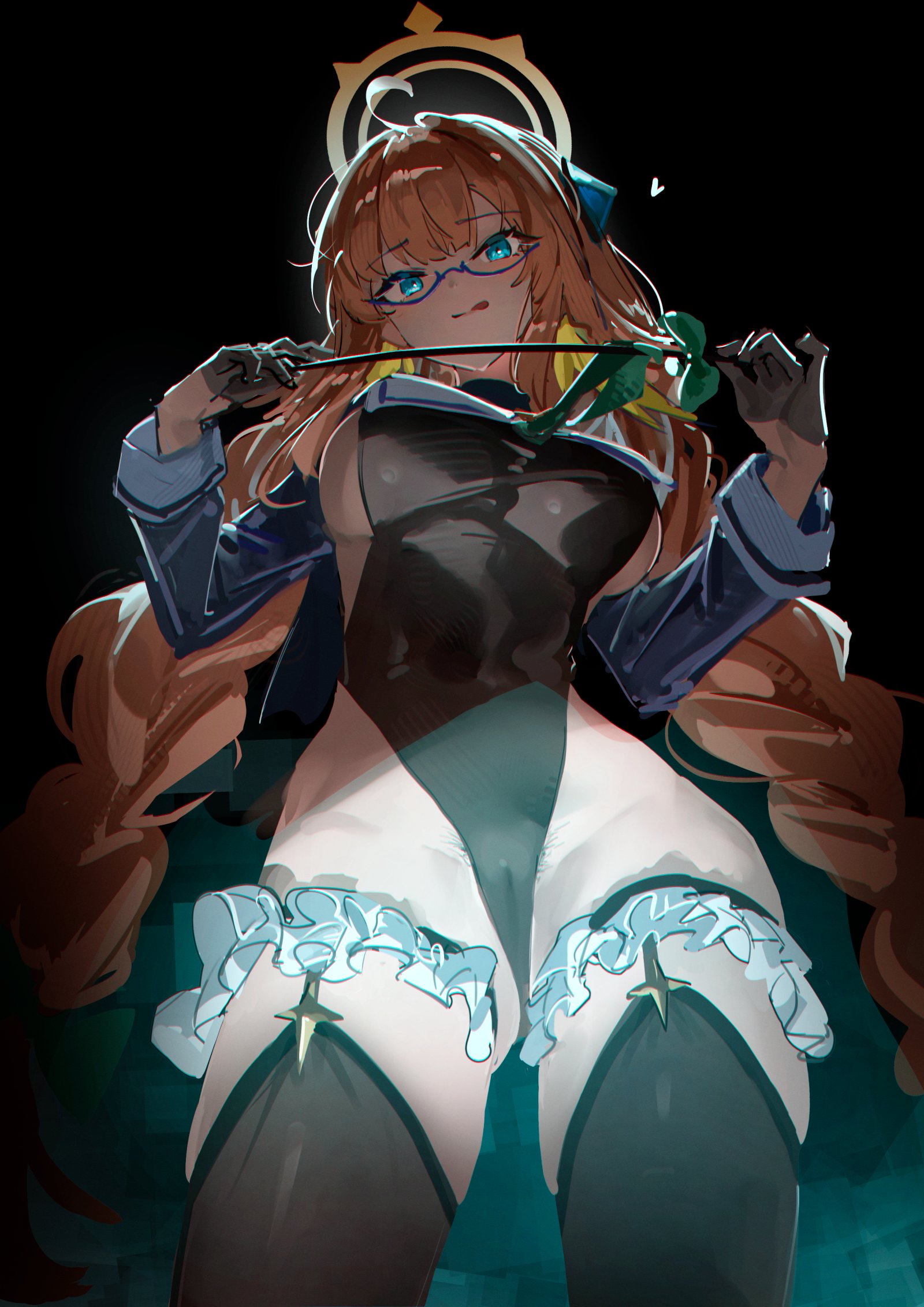 gmatogachi, shimiko (blue archive), shimiko (magical) (blue archive), blue archive, braided twintails, highres, 1girl, aqua neckerchief, blue eyes, blue shrug, braid, breasts, feather hair, feathers, femdom, garter straps, glasses, gloves, gluteal fold, half gloves, halo, halter leotard, halterneck, heart, holding, holding riding crop, large breasts, leotard, looking at viewer, looking down, low twin braids, neckerchief, orange hair, pantyhose, pubic hair, riding crop, semi-rimless eyewear, shrug (clothing), sideboob, skin tight, solo, super highleg, thick thighs, thighs, tongue, tongue out, twin braids, yellow feathers, yellow halo