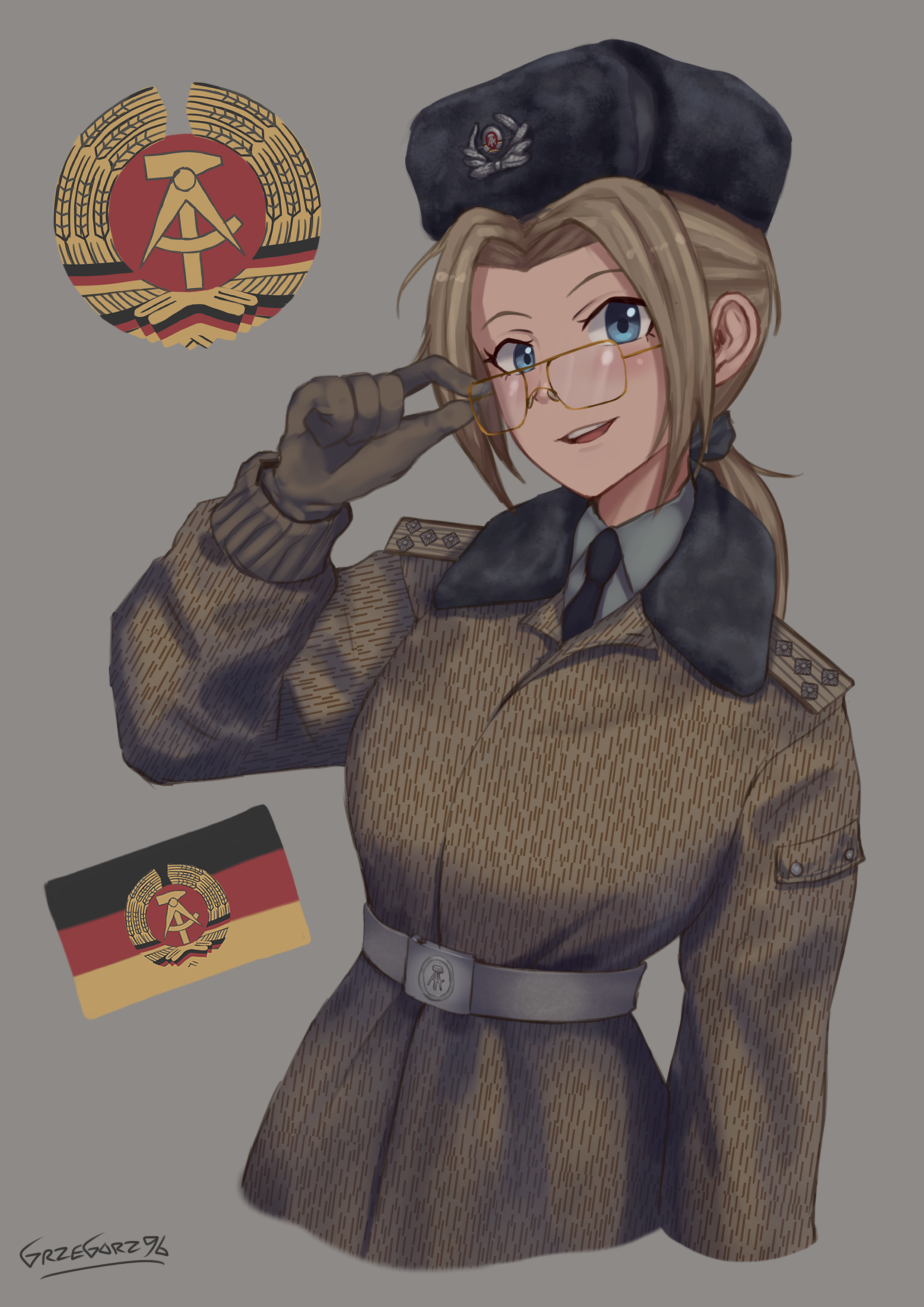 grzegorz1996, original, absurdres, commentary, english commentary, highres, 1girl, adjusting eyewear, artist name, black hat, black necktie, blonde hair, blue eyes, blue shirt, bra, cold war, collared shirt, east german flag, east germany, emblem, fur-trimmed jacket, fur trim, glasses, gloves, green gloves, green jacket, grey background, grey bra, hat, jacket, looking at viewer, military, military uniform, nationale volksarmee, necktie, nva uniform, open mouth, ponytail, shirt, shoulder boards, sidelocks, simple background, smile, solo, underwear, upper body, ushanka