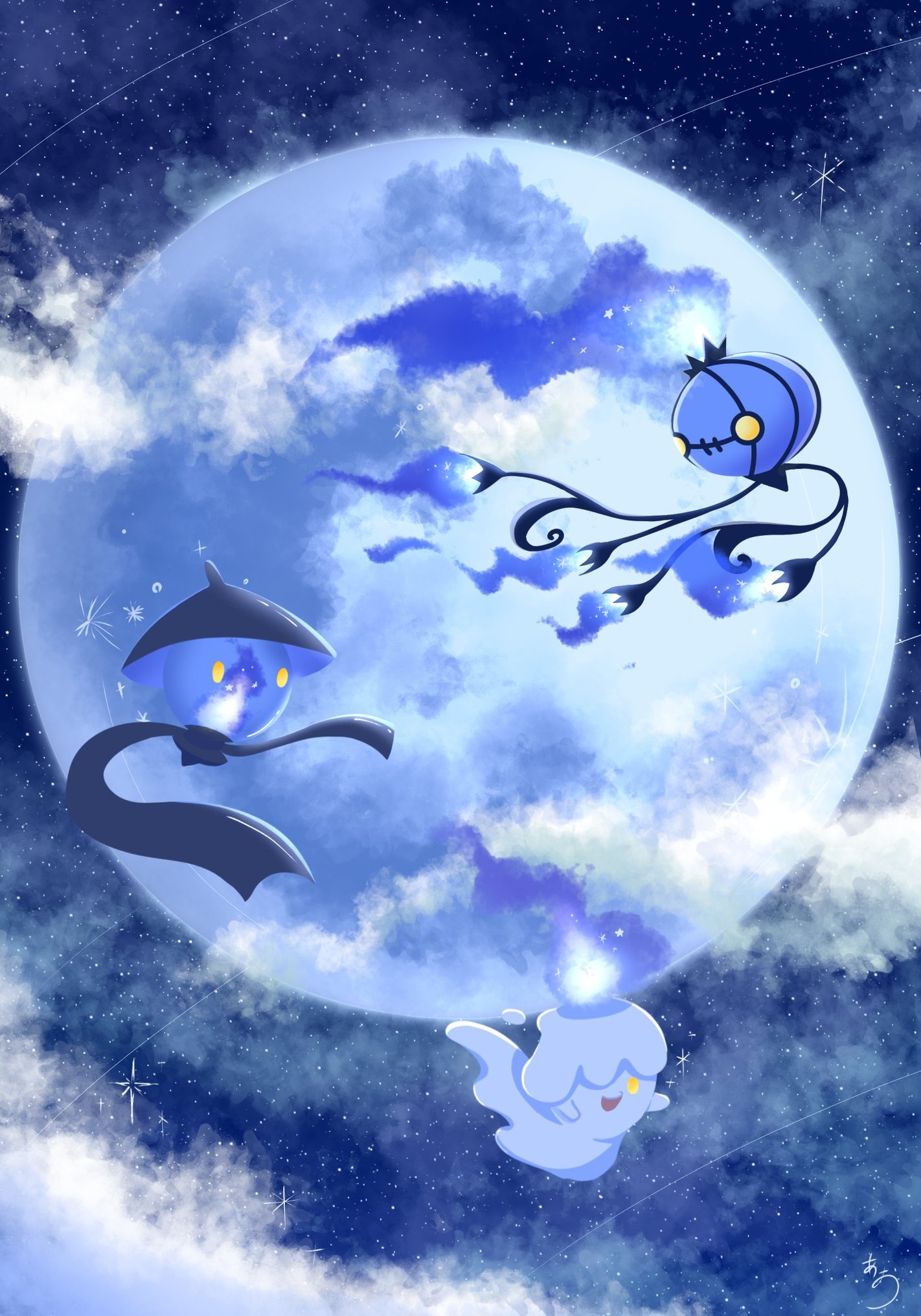 natu a0z0ra, chandelure, lampent, litwick, nintendo, pokemon, highres, blue fire, cloud, evolutionary line, fire, full moon, gen 5 pokemon, moon, night, no humans, outdoors, pokemon (creature)