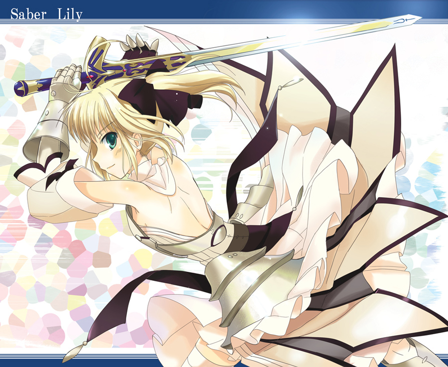 ameto yuki, artoria pendragon (fate), saber (fate), saber lily, capcom, fate/stay night, fate/unlimited codes, fate (series), bad id, bad pixiv id, 00s, 1girl, armor, armored dress, bare shoulders, blonde hair, blue eyes, dress, female focus, gauntlets, solo, sword, weapon