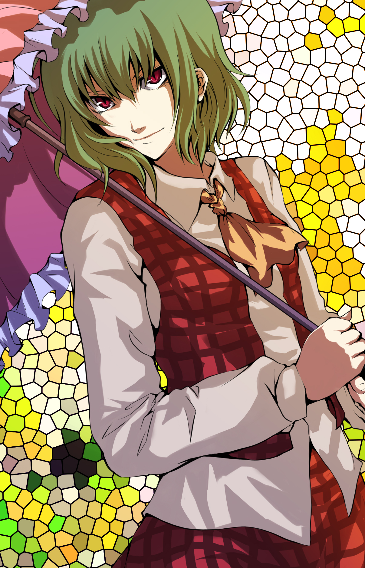 pokimari, kazami yuuka, touhou, bad id, bad pixiv id, highres, 1girl, ascot, dutch angle, female focus, green hair, parasol, plaid clothes, plaid skirt, plaid vest, red eyes, short hair, skirt, skirt set, slit pupils, smirk, solo, stained glass, umbrella, vest