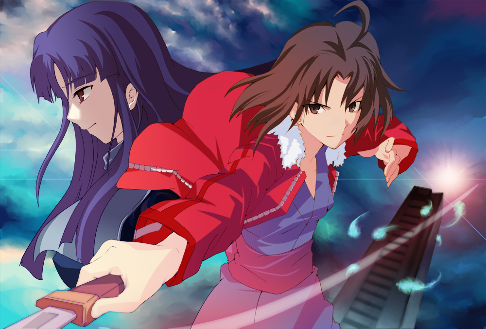 pokimari, asagami fujino, ryougi shiki, kara no kyoukai, bad id, bad pixiv id, 2girls, brown eyes, brown hair, jacket, japanese clothes, kimono, knife, multiple girls, purple hair, red eyes, red jacket, reien girl's academy school uniform, school uniform