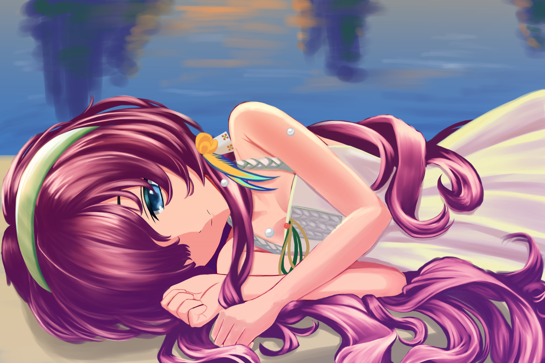 yuuki kupo, yenisei (around the riverbend) (reverse:1999), yenisei (reverse:1999), reverse:1999, highres, 1girl, bare arms, bare shoulders, blue eyes, clenched hands, dress, green hairband, hair over one eye, hairband, long hair, looking at viewer, low twintails, lying, official alternate costume, on side, one eye covered, red hair, sleeveless, sleeveless dress, smile, solo, twintails, upper body, water, white dress