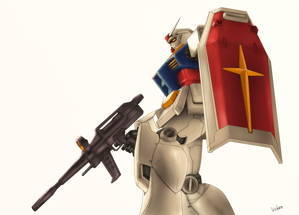 viridian-c, rx-78-2 gundam, gundam, mobile suit gundam, beam rifle, energy gun, gun, mecha, no humans, robot, shield, simple background, solo, weapon