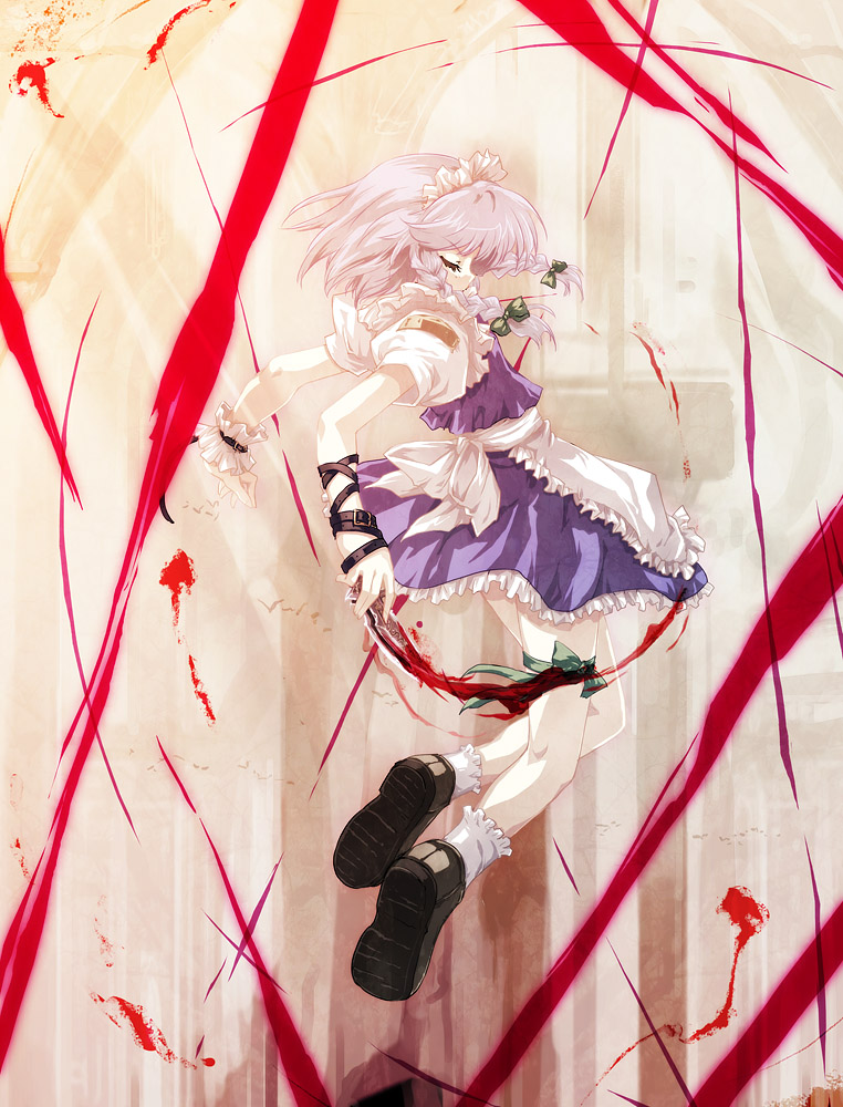 tokiame, izayoi sakuya, touhou, silver hair, 1girl, blood, braid, closed eyes, female focus, full body, hairband, knife, maid, ribbon, short hair, skirt, solo, twin braids