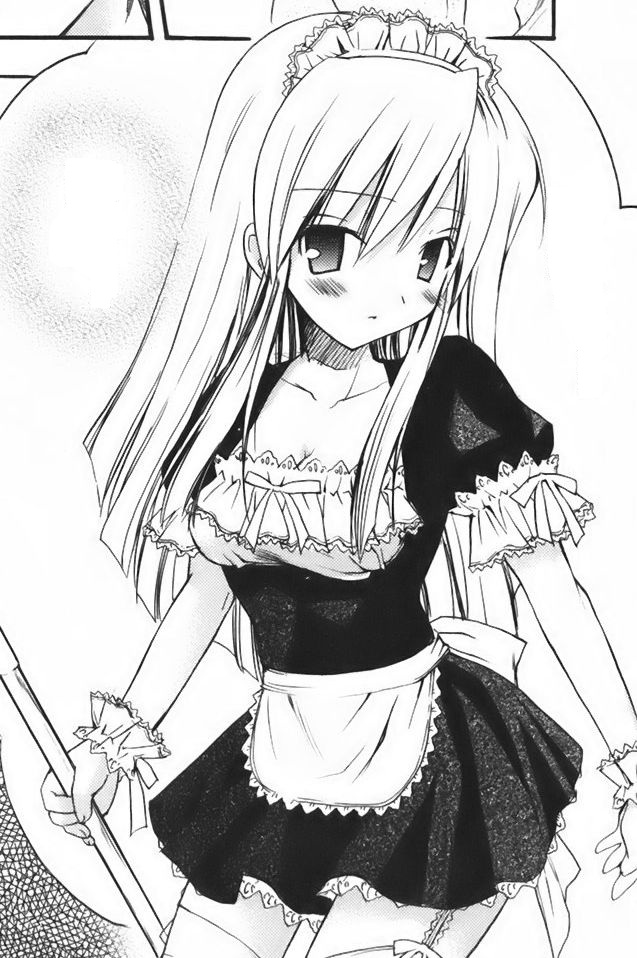 komiya yuuta, original, non-web source, 1girl, apron, breasts, cleavage, cleavage cutout, clothing cutout, dress, frilled dress, frilled sleeves, frilled wrist cuffs, frills, garter straps, hair between eyes, head tilt, long hair, looking at viewer, maid, maid headdress, medium breasts, mop, pinafore dress, sawatari ranna, sleeveless, sleeveless dress, solo, standing, straight hair, thighhighs, waist apron, white thighhighs, wrist cuffs, zettai ryouiki