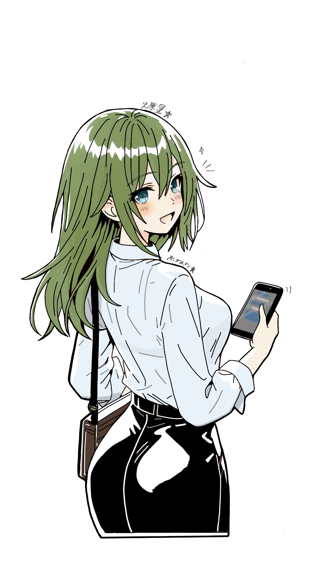 venus (zenless zone zero), zenless zone zero, commentary, english commentary, highres, 1girl, artist name, ass, bag, black shirt, blue eyes, blush, breasts, cellphone, from behind, green hair, hair between eyes, handbag, hibarakirari, high-waist skirt, holding, holding phone, long hair, looking at viewer, looking back, mole, mole under eye, notice lines, open mouth, phone, shirt, simple background, skirt, sleeves rolled up, solo, white background, white shirt