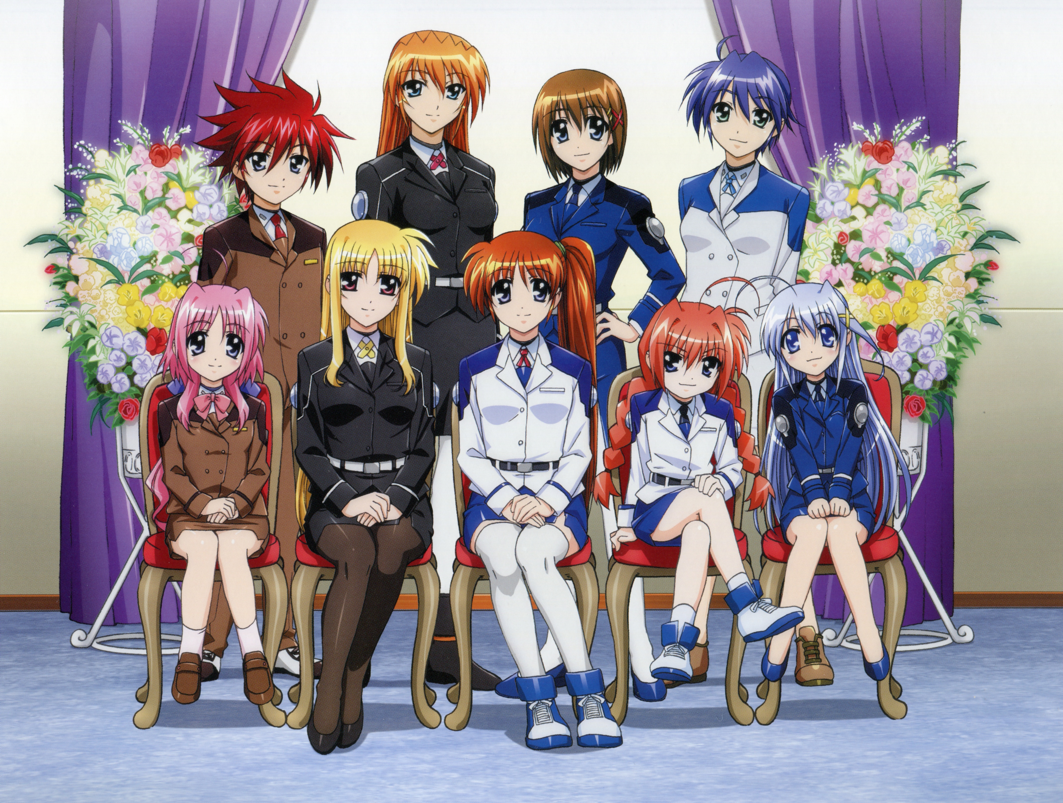 okuda yasuhiro, caro ru lushe, erio mondial, fate testarossa, reinforce zwei, subaru nakajima, takamachi nanoha, teana lanster, vita (nanoha), yagami hayate, lyrical nanoha, mahou shoujo lyrical nanoha, mahou shoujo lyrical nanoha strikers, absurdres, highres, official art, 00s, 1boy, 6+girls, ahoge, blonde hair, blue hair, braid, brown hair, everyone, flower, hair ornament, military, military uniform, multiple girls, orange hair, pantyhose, pencil skirt, pink hair, purple hair, red hair, side ponytail, skirt, thighhighs, twin braids, x hair ornament