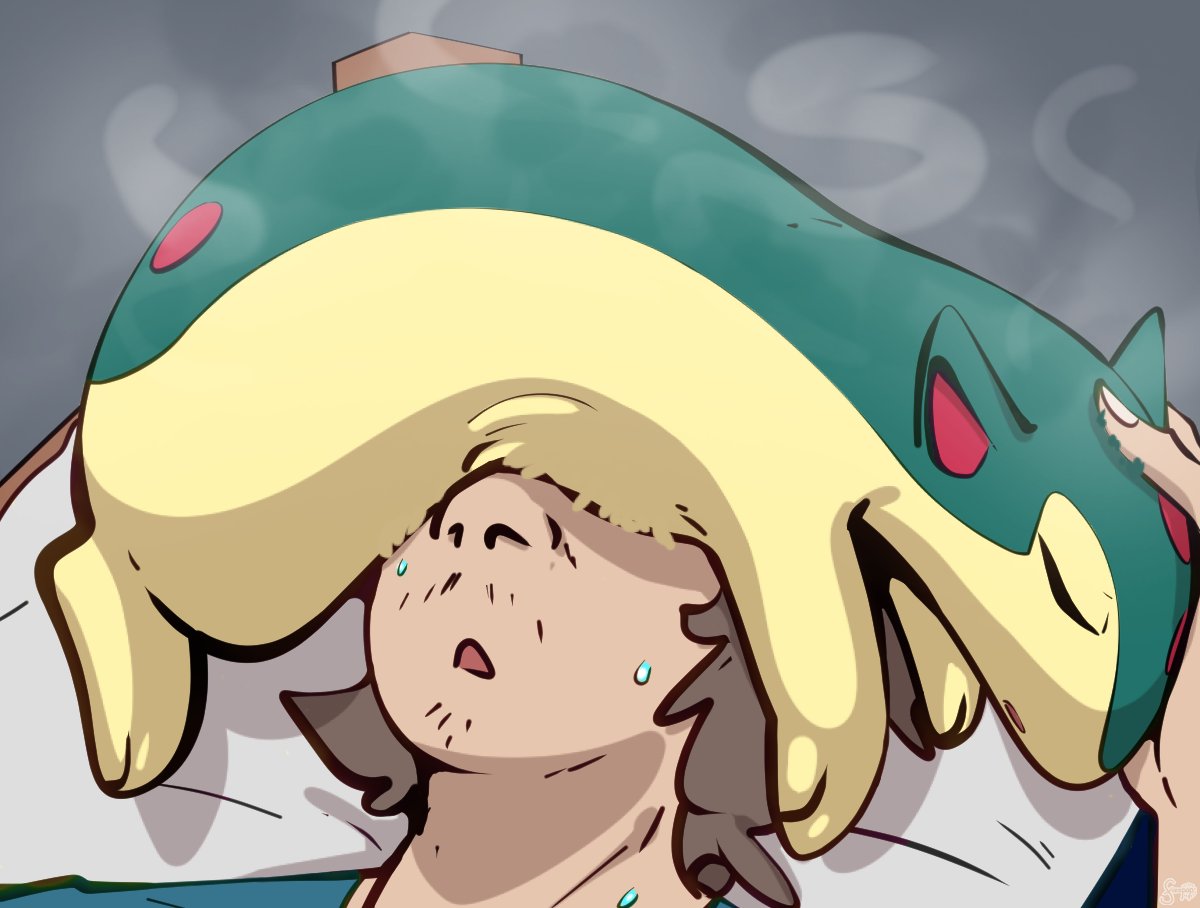 quilava, nintendo, pokemon, 1boy, brown hair, fizzpop, gen 2 pokemon, green fur, open clothes, open mouth, pokemon (creature), short hair, sleeping, two-tone fur, yellow fur