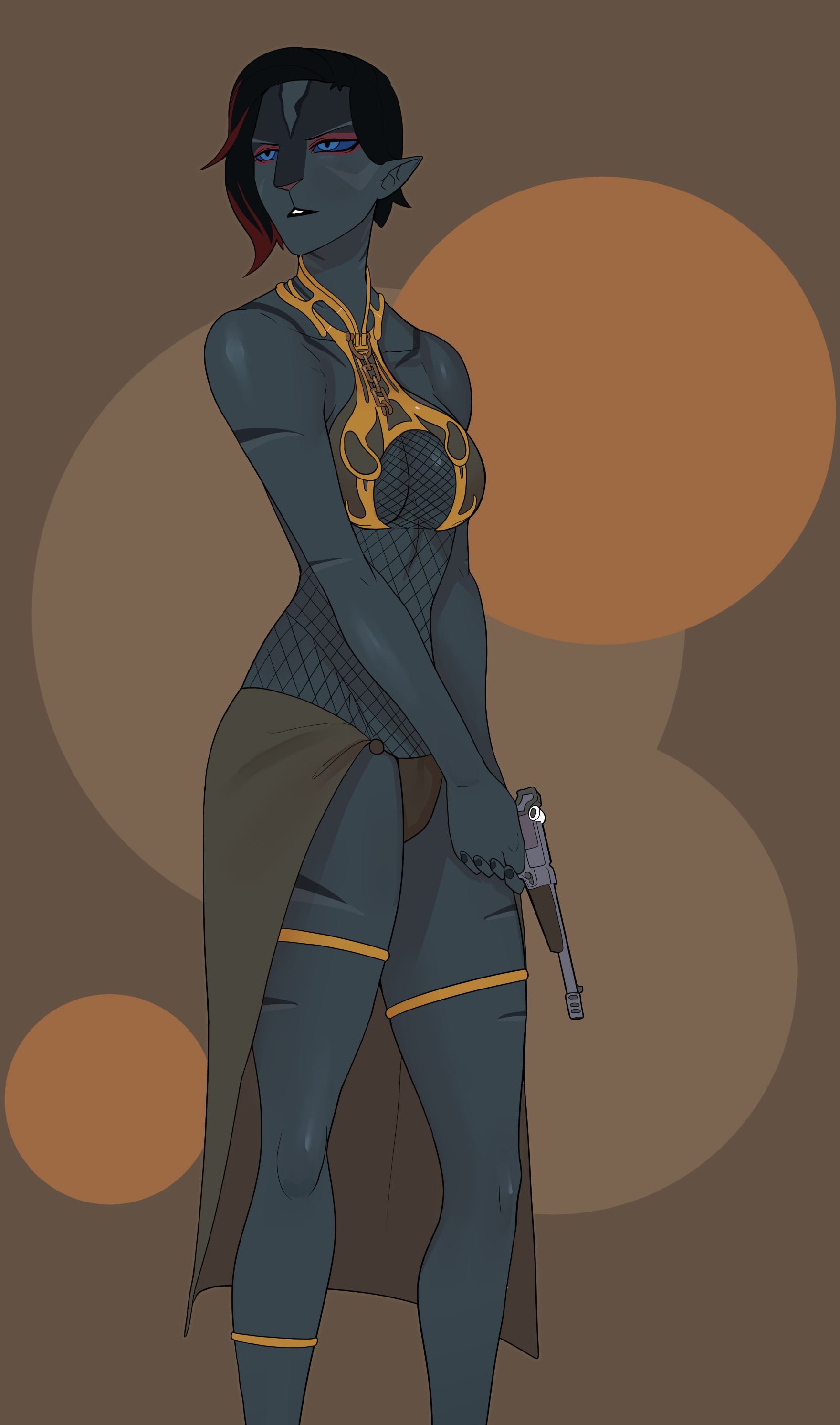 huttslayer leia, princess leia, star wars, star wars: the old republic, absurdres, highres, alien, black hair, blue eyes, breasts, cat girl, cathar (star wars), chain, cleavage, collar, dark-skinned female, dark skin, fishnets, green panties, gun, holding, holding gun, holding weapon, ishton, jewelry, metal bikini, panties, pointy ears, shiny skin, short hair, simple background, slave, teeth, tiger stripes, underboob, underwear, upper teeth only, weapon