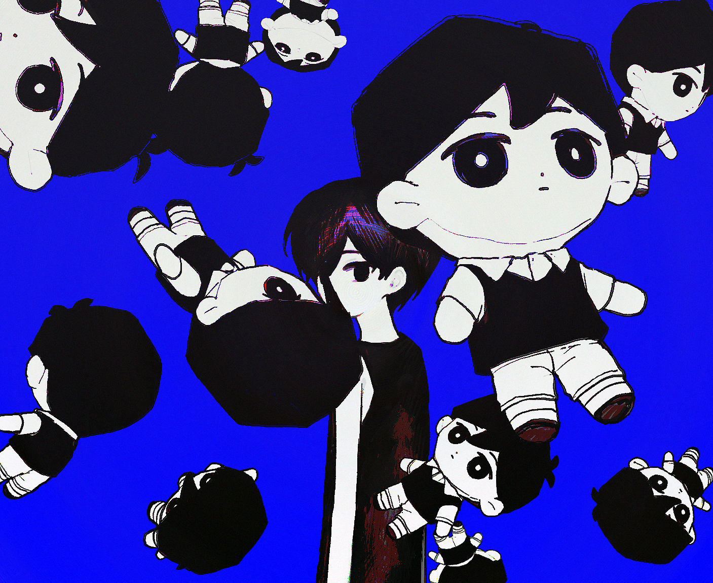 rou (h s sinrin), omori (omori), sunny (omori), omori, commentary, 1boy, arms at sides, bare arms, bare shoulders, blue background, character doll, covered mouth, doll, empty eyes, from behind, greyscale with colored background, hair behind ear, looking at viewer, looking back, male focus, no pupils, short hair, simple background, solo, tank top, upper body, very short hair
