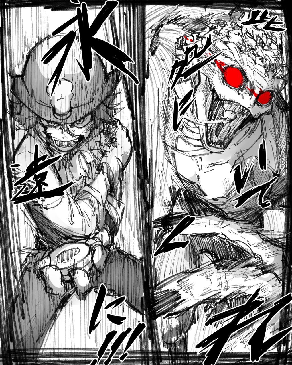 bububuki, luchino (identity v), norton campbell, identity v, highres, translation request, 2boys, blood, blood on face, braid, colored sclera, duel, eye trail, fangs, gloves, hair slicked back, injury, light trail, looking at viewer, magnet, male focus, monster, motion lines, multiple boys, multiple braids, open mouth, partially colored, red eyes, red sclera, reptile boy, solid eyes