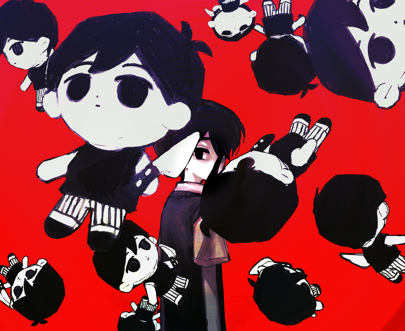 rou (h s sinrin), omori (omori), sunny (omori), omori, commentary, 1boy, black hair, black sweater vest, character doll, closed mouth, collared shirt, covered mouth, doll, dot nose, double-parted bangs, floating, hair between eyes, holding, holding knife, holding weapon, kitchen knife, knife, male focus, pants, parted bangs, red background, shirt, short sleeves, simple background, standing, striped clothes, striped pants, sweater vest, weapon