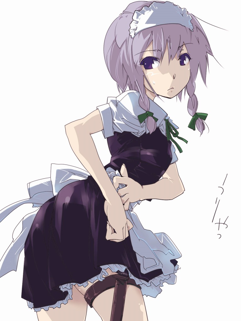 kuruwa (artist), teoshiguruma, izayoi sakuya, touhou, silver hair, 1girl, blue eyes, braid, clothes lift, female focus, frown, knife, leaning forward, looking back, maid, short hair, skirt, skirt lift, solo, sweatdrop, twin braids