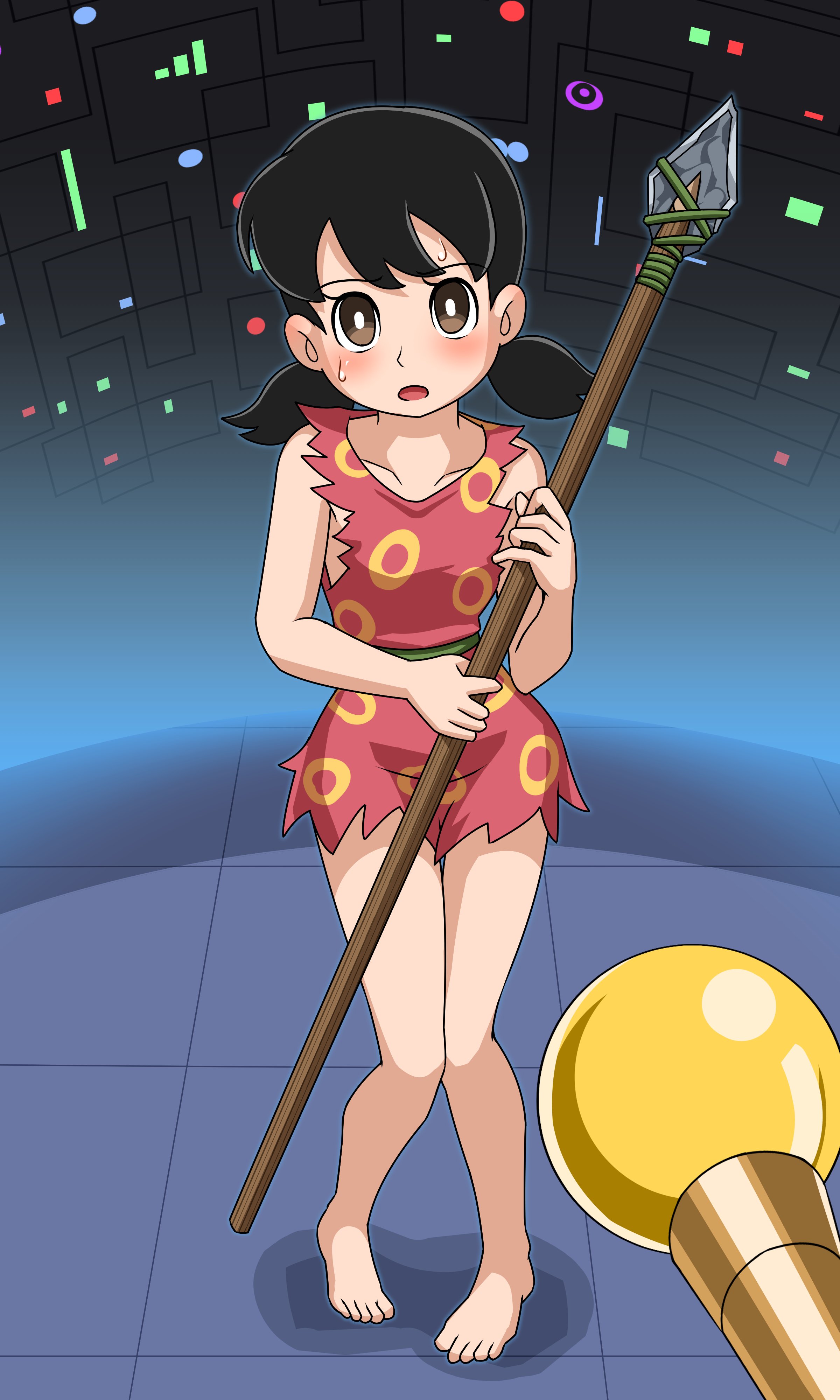 thalter39o, minamoto shizuka, doraemon, absurdres, commentary request, commission, highres, skeb commission, 1girl, barefoot, dress, holding, holding polearm, holding weapon, knees together feet apart, low twintails, polearm, pov, red dress, short dress, solo, spear, sweat, twintails, wand, weapon