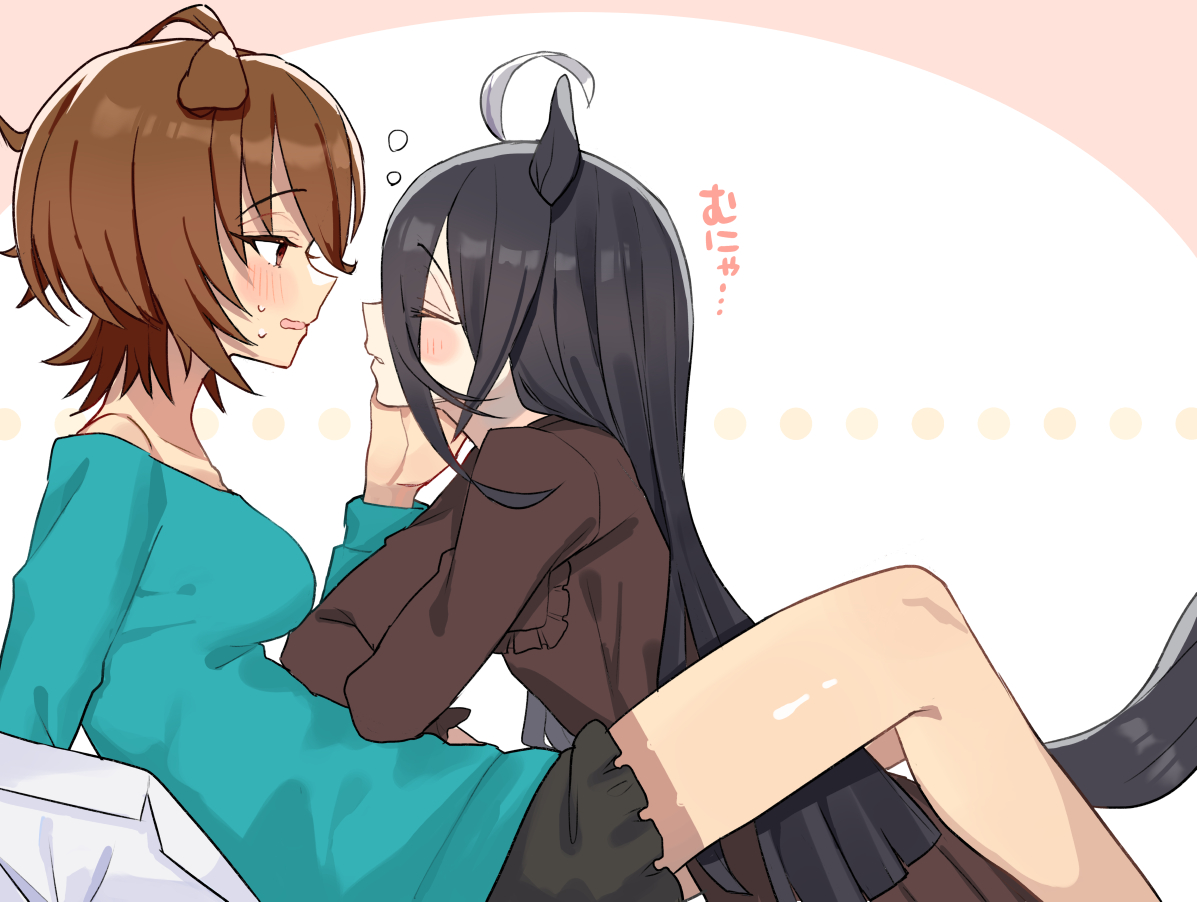 nochatea, agnes tachyon (umamusume), manhattan cafe (umamusume), umamusume, translation request, 2girls, ahoge, animal ears, between legs, black hair, black shorts, blue shirt, blush, breasts, brown dress, brown hair, closed eyes, dress, ears down, embarrassed, frilled dress, frills, hair between eyes, horse ears, horse girl, horse tail, huge ahoge, imminent kiss, long bangs, long hair, long hair between eyes, long sleeves, looking down, medium breasts, multicolored hair, multiple girls, off-shoulder shirt, off shoulder, red eyes, shirt, short hair, shorts, squeans, sweatdrop, tail, very long hair, wavy mouth, white hair, yuri