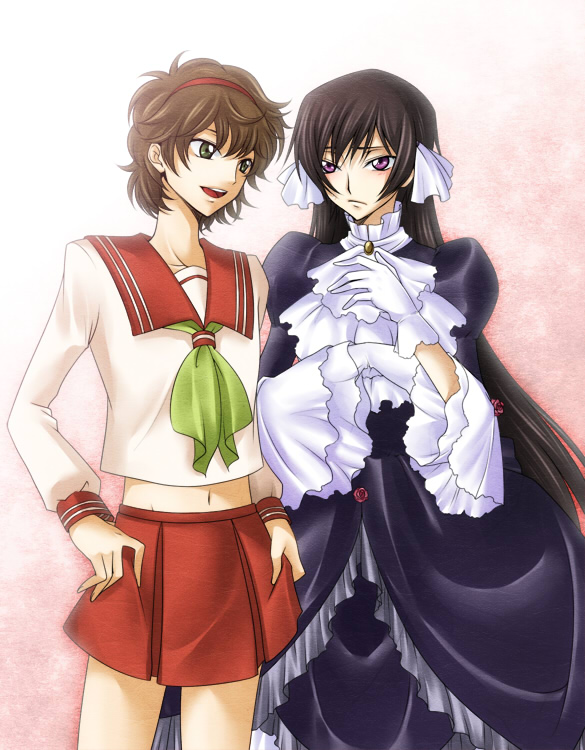 jyuru, kururugi suzaku, luluko, suzako, code geass, 00s, 2girls, black hair, brown hair, crossdressing, crossdressing (ftm), frills, genderswap, genderswap (mtf), gloves, green eyes, long hair, multiple girls, purple eyes, school uniform, serafuku, short hair