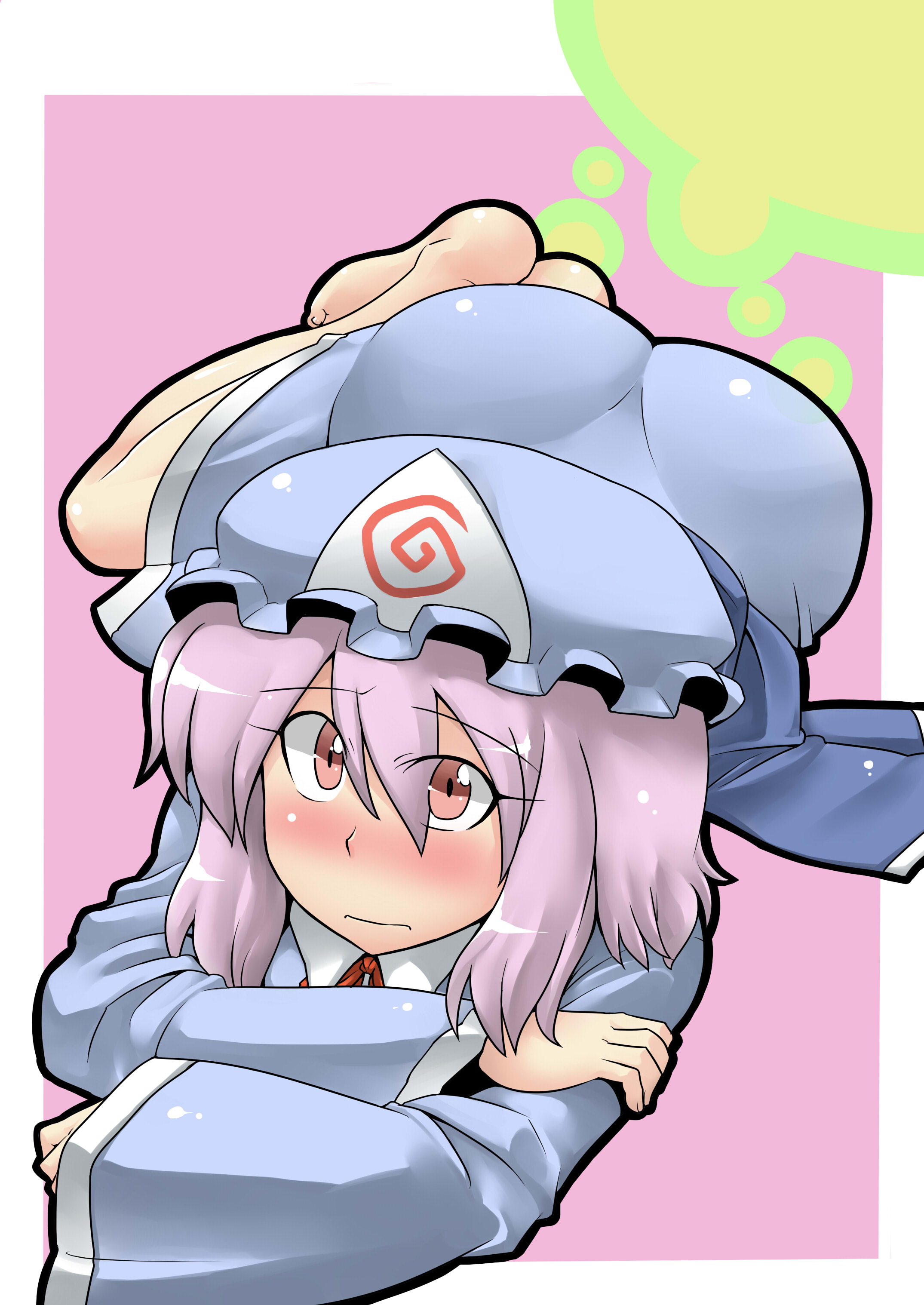 tukiwani, saigyouji yuyuko, touhou, absurdres, highres, 1girl, barefoot, blush, fart, female focus, hair between eyes, hat, mob cap, short hair, solo