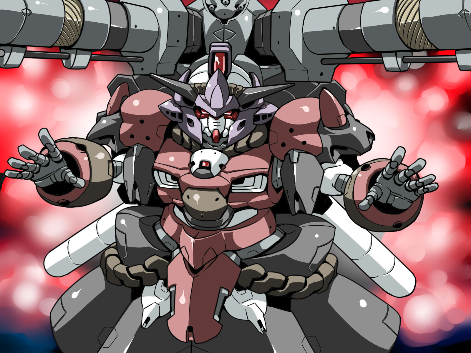 tukiwani, yasaka kanako, gundam, touhou, highres, armor, blurry, blurry background, cannon, female focus, looking at viewer, mecha, mechanization, no humans, parody, red eyes, robot, spread fingers