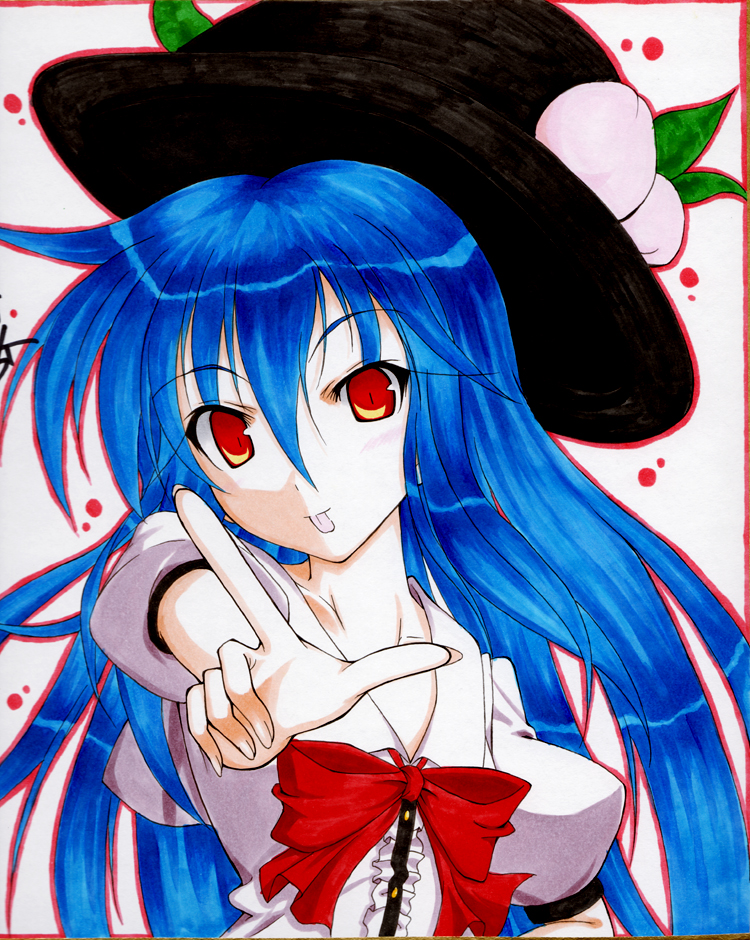 fuyuno taka, hinanawi tenshi, touhou, bad id, bad pixiv id, traditional media, 1girl, blue hair, female focus, food, fruit, hat, long hair, peach, red eyes, shikishi, solo, tongue, upper body, white background