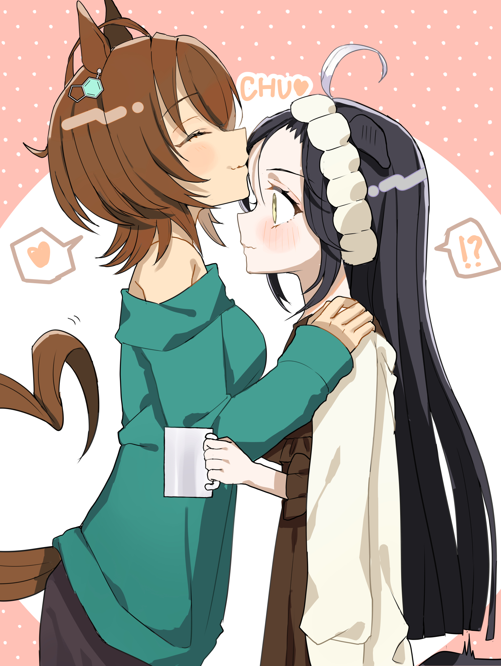 nochatea, agnes tachyon (umamusume), manhattan cafe (umamusume), umamusume, highres, !?, 2girls, ahoge, animal ears, bare shoulders, black hair, black pants, blue shirt, brown background, brown dress, brown eyes, brown hair, cup, dress, from side, heart, heart tail, holding, holding cup, horse ears, horse girl, horse tail, jacket, jacket on shoulders, kiss, kissing forehead, long hair, mug, multicolored hair, multiple girls, off shoulder, pants, polka dot, polka dot background, profile, romaji text, shirt, short hair, spoken heart, spoken interrobang, tail, two-tone background, two-tone hair, very long hair, white background, white hair, white jacket, yuri
