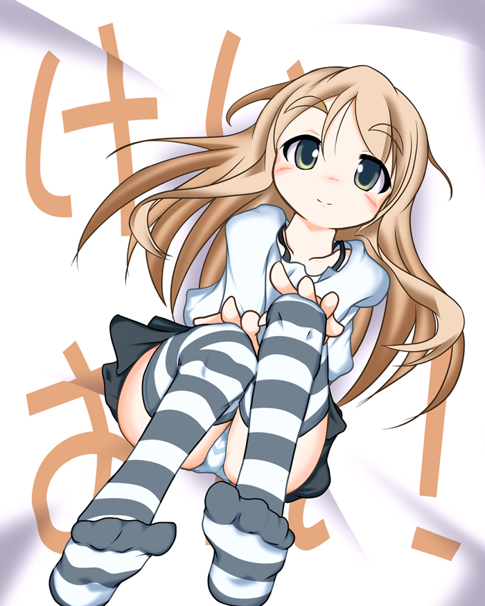 sch, kotobuki tsumugi, k-on!, eyebrows, 00s, 1girl, black skirt, blonde hair, feet, female focus, panties, pantyshot, shirt, skirt, solo, striped clothes, striped panties, striped thighhighs, thighhighs, underwear, upskirt, white shirt, zettai ryouiki